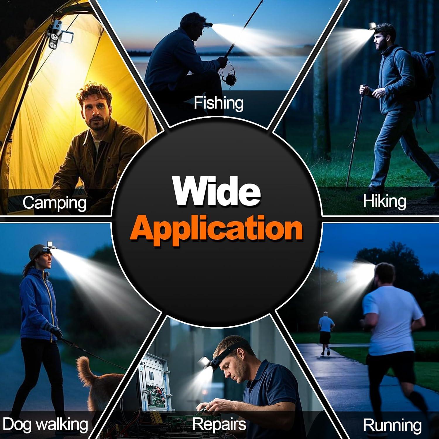 Upgraded LED Headlamp Rechargeable Flood Light, Lightweight Head Flashlight for Adults Camping Hiking, 900 Lumen Bright Headlamp Outdoor Waterproof, Red Light Motion Sensor 180° Adjustable