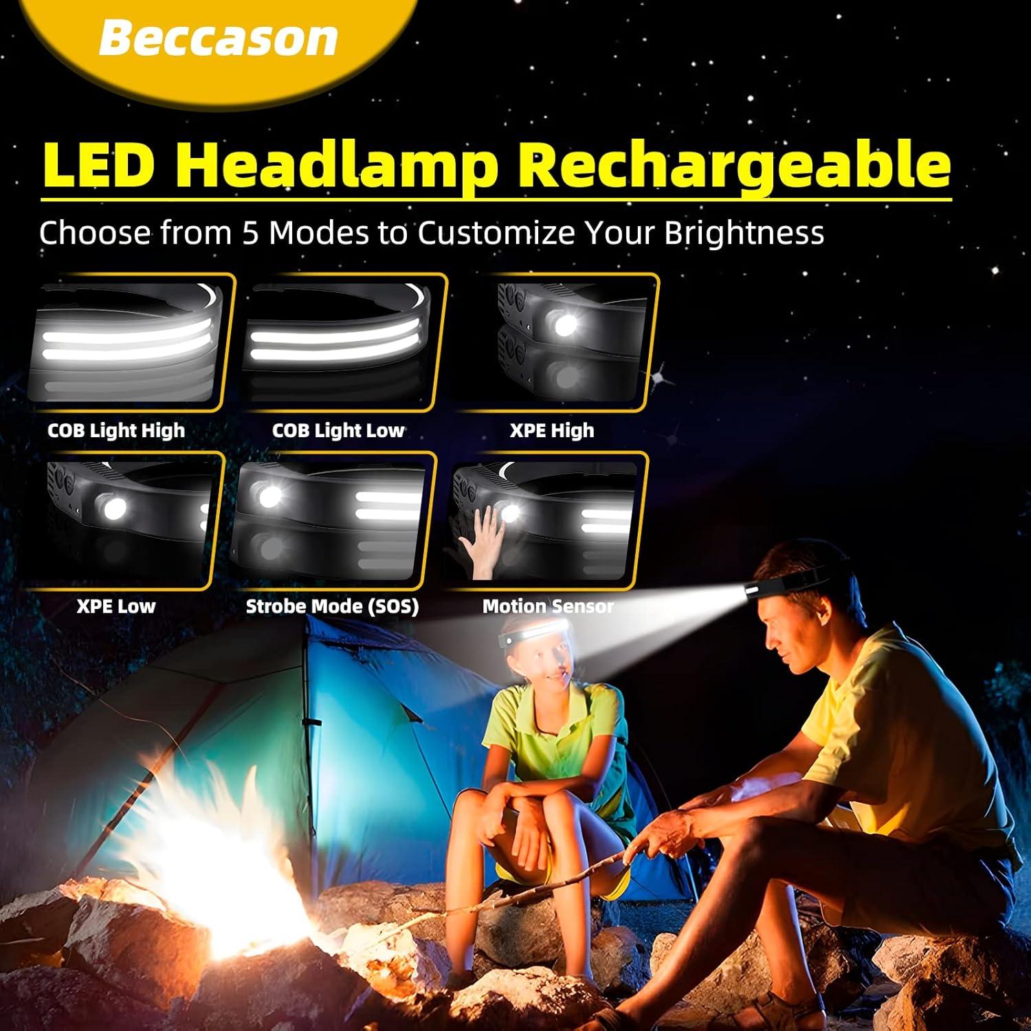 Linterna Frontal LED Beccason 3PCS 230° COB Recargable