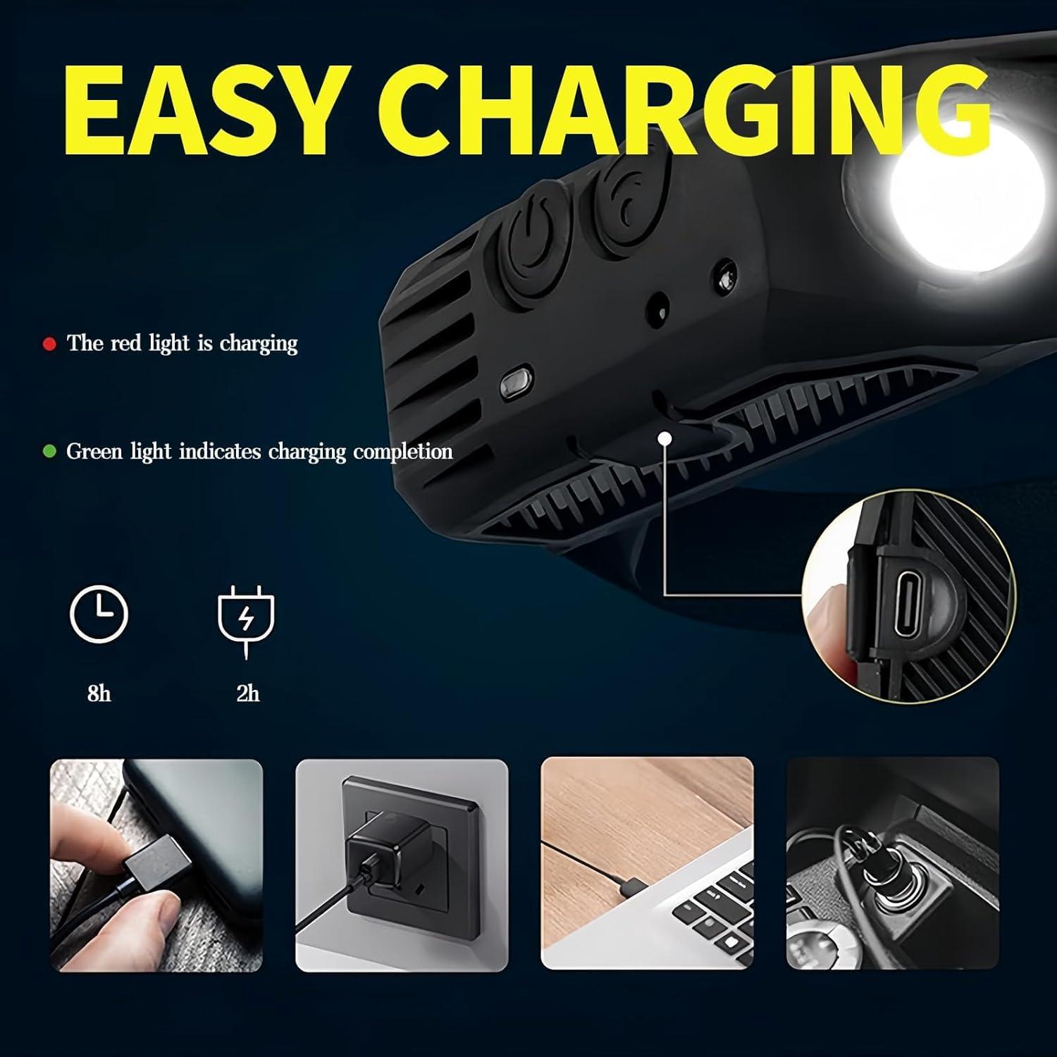 Linterna Frontal LED Recargable 5 Modos 230° - 4 Pcs