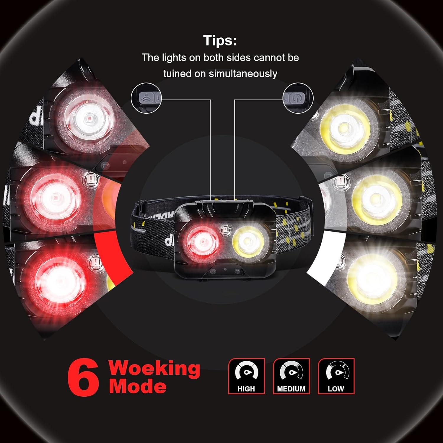 Linterna Frontal LED KunHe Rojo/Blanco 250 Lúmenes 2-Pack