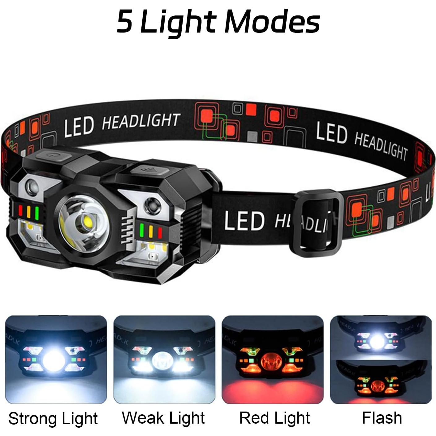 Headlamp Flashlight, 5 Mode for Outdoor Camping Running Hiking Fishing Ultra-Light Bright LED Rechargeable Headlight with White Red Light IPX4 Waterproof Motion Sensor