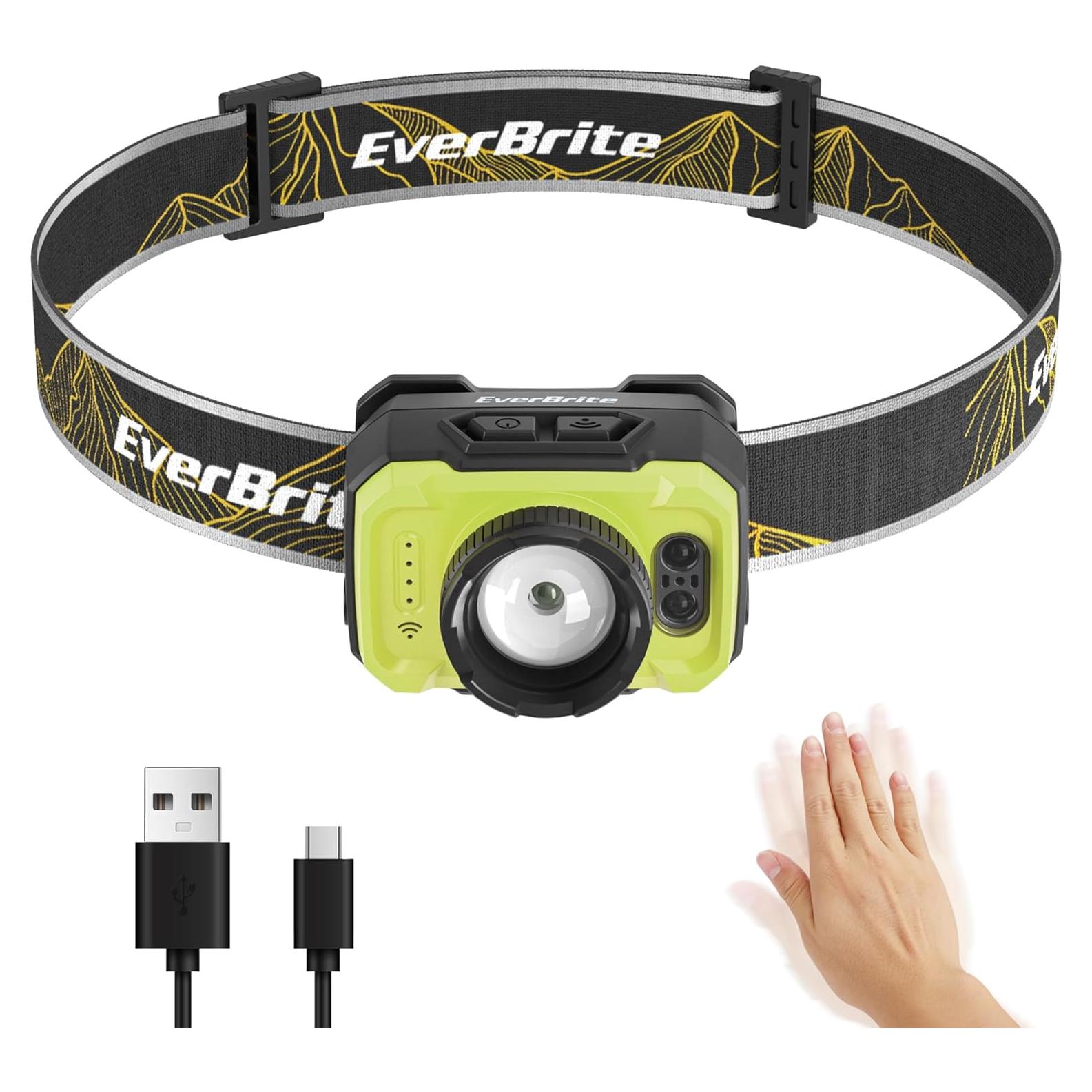 EverBrite 600 Lumen Headlamp, Rechargeable Headlight with 4 Modes, Super Bright Head Lamp with Spotlight & Floodlight, Motion Sensor, Memory Function for Camping, Hiking-Green