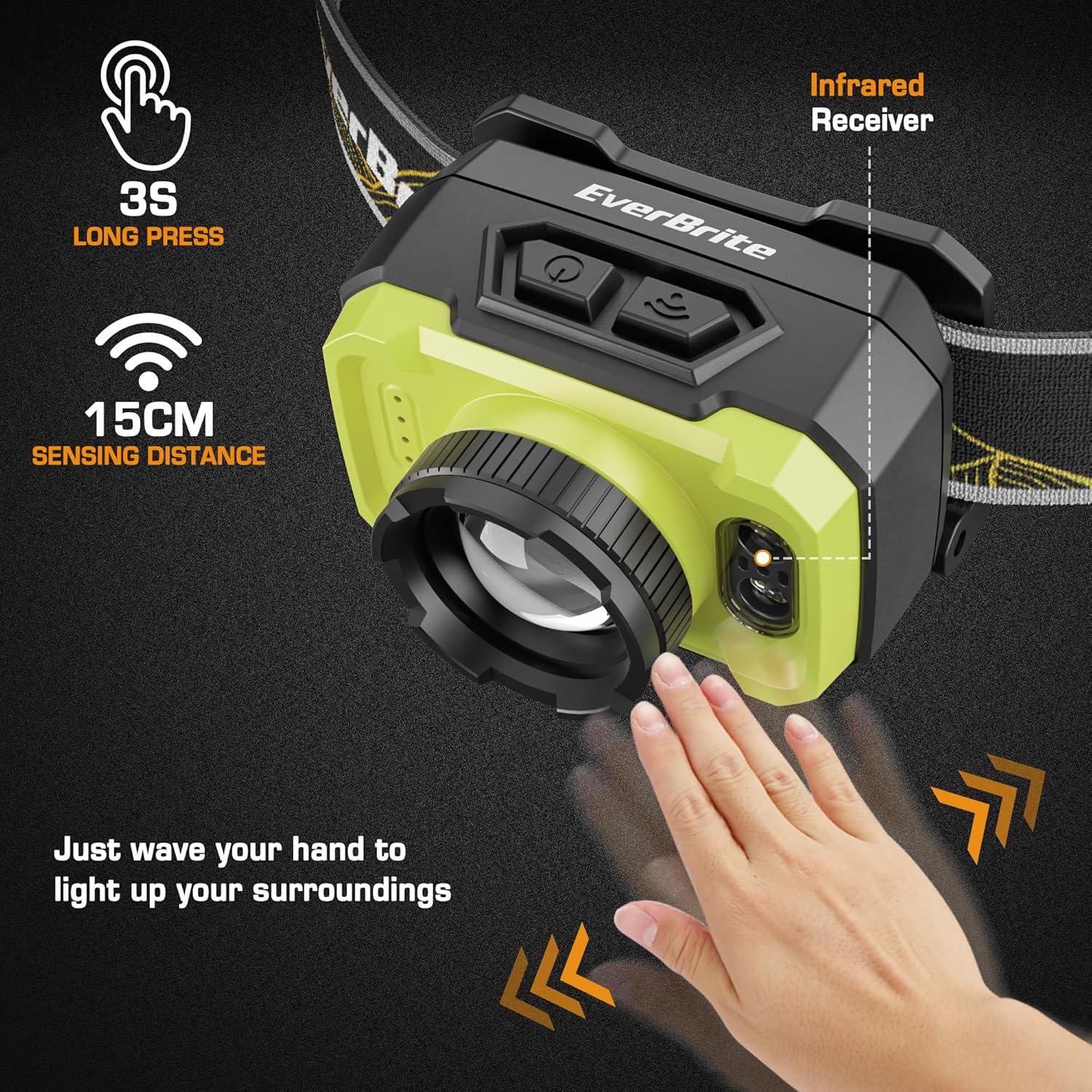 EverBrite 600 Lumen Headlamp, Rechargeable Headlight with 4 Modes, Super Bright Head Lamp with Spotlight & Floodlight, Motion Sensor, Memory Function for Camping, Hiking-Green