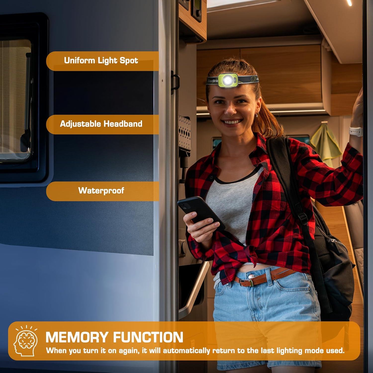 EverBrite 600 Lumen Headlamp, Rechargeable Headlight with 4 Modes, Super Bright Head Lamp with Spotlight & Floodlight, Motion Sensor, Memory Function for Camping, Hiking-Green