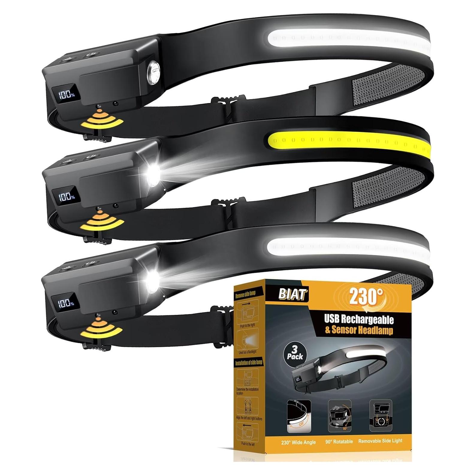 Lámpara Frontal LED Recargable BIAT 3PCS con Sensor de Movimiento