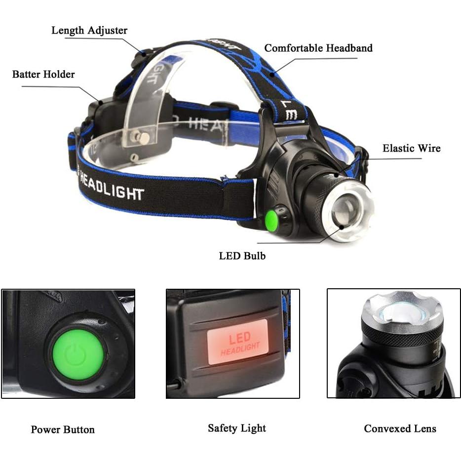 Linterna Frontal LED Azul AuKvi 3 Modos Zoomable Resistente al Agua