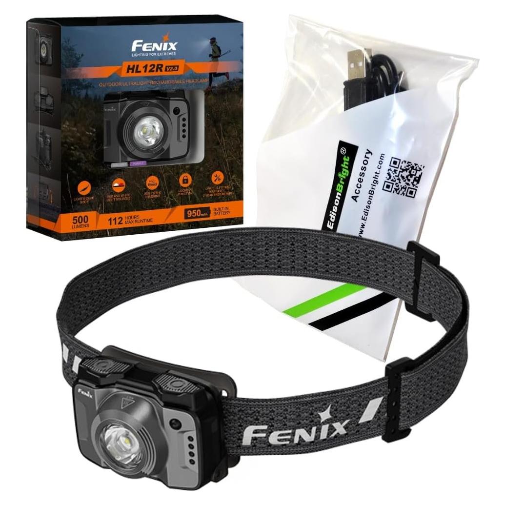 HL12R V2 USB Rechargeable 500 Lumen LED headlamp with EdisonBright USB Charging Cable (Grey)