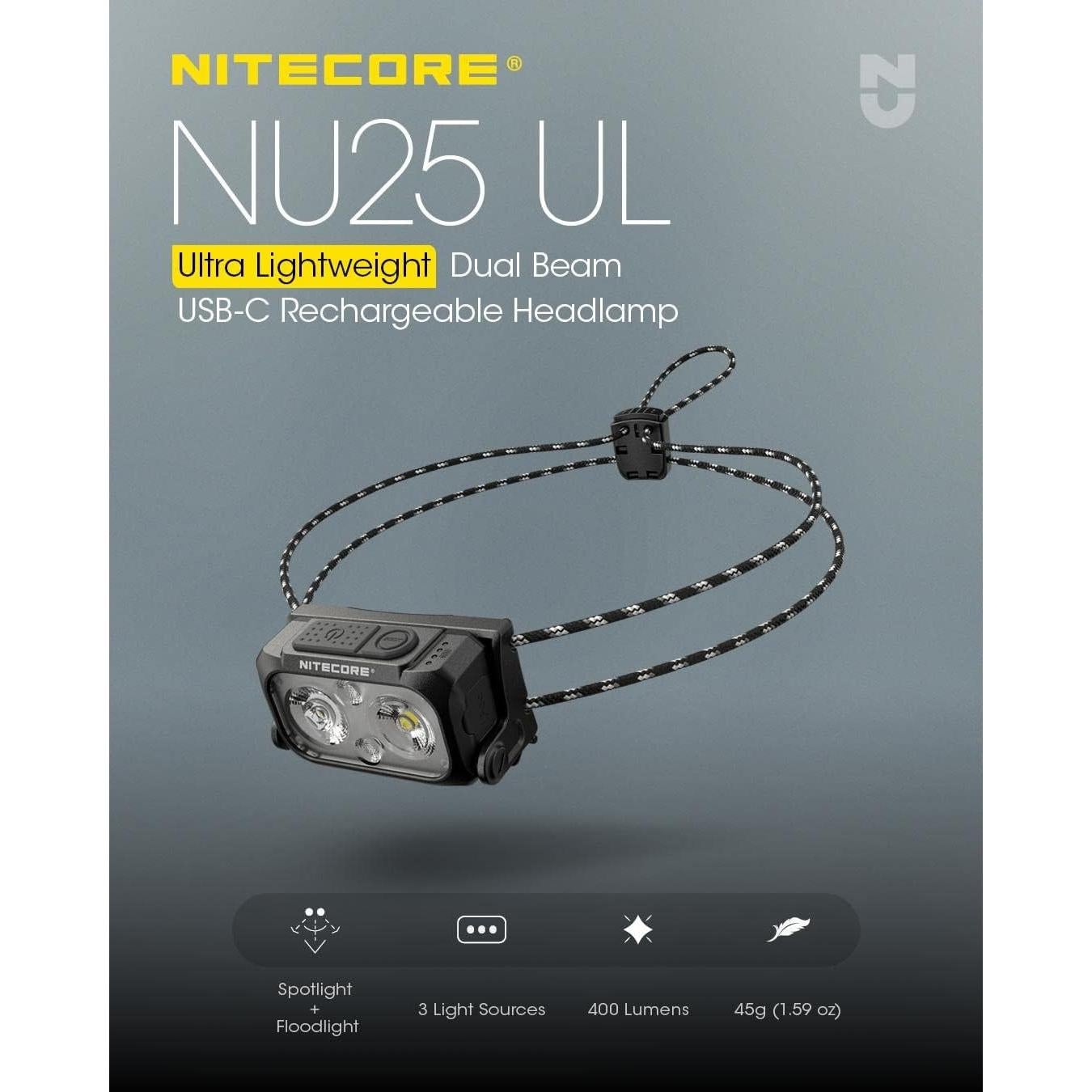 Linterna Frontal Nitecore NU25 UL 400 Lúmenes Recargable