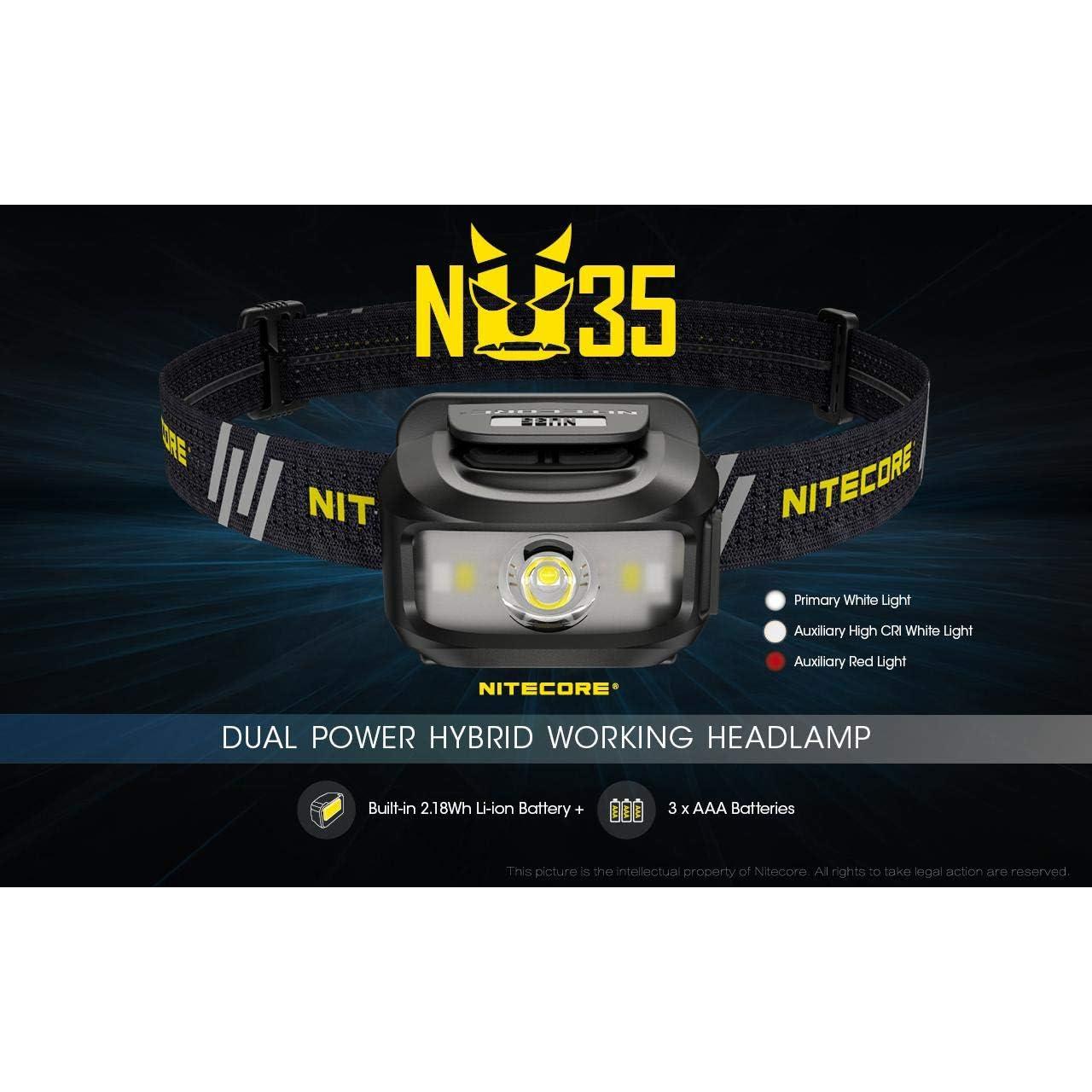 Linterna Frontal Nitecore NU35 Recargable USB, 170h Autonomía