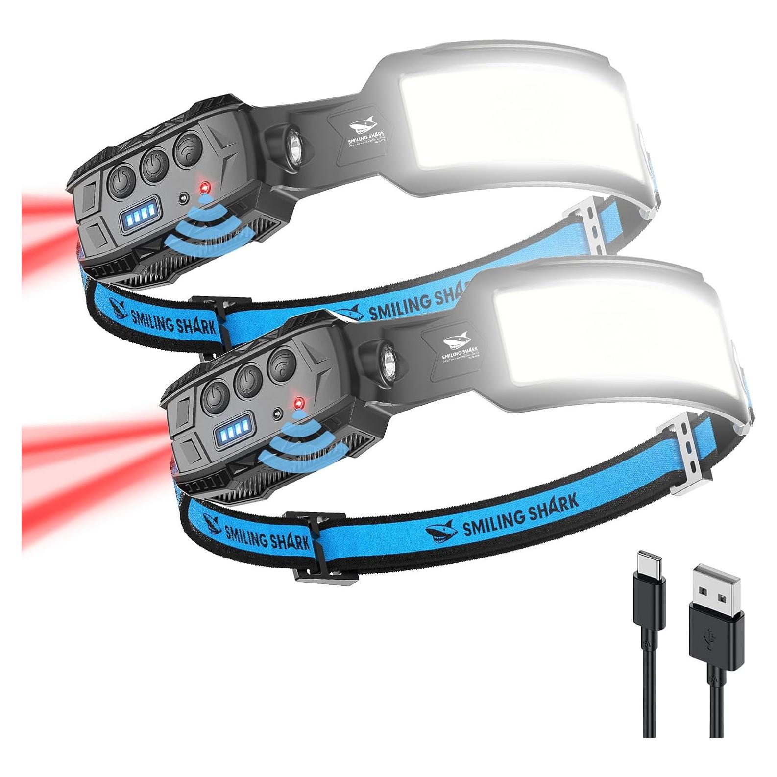 Linterna Frontal Smiling Shark LED Recargable 2 Paquete 6 Modos