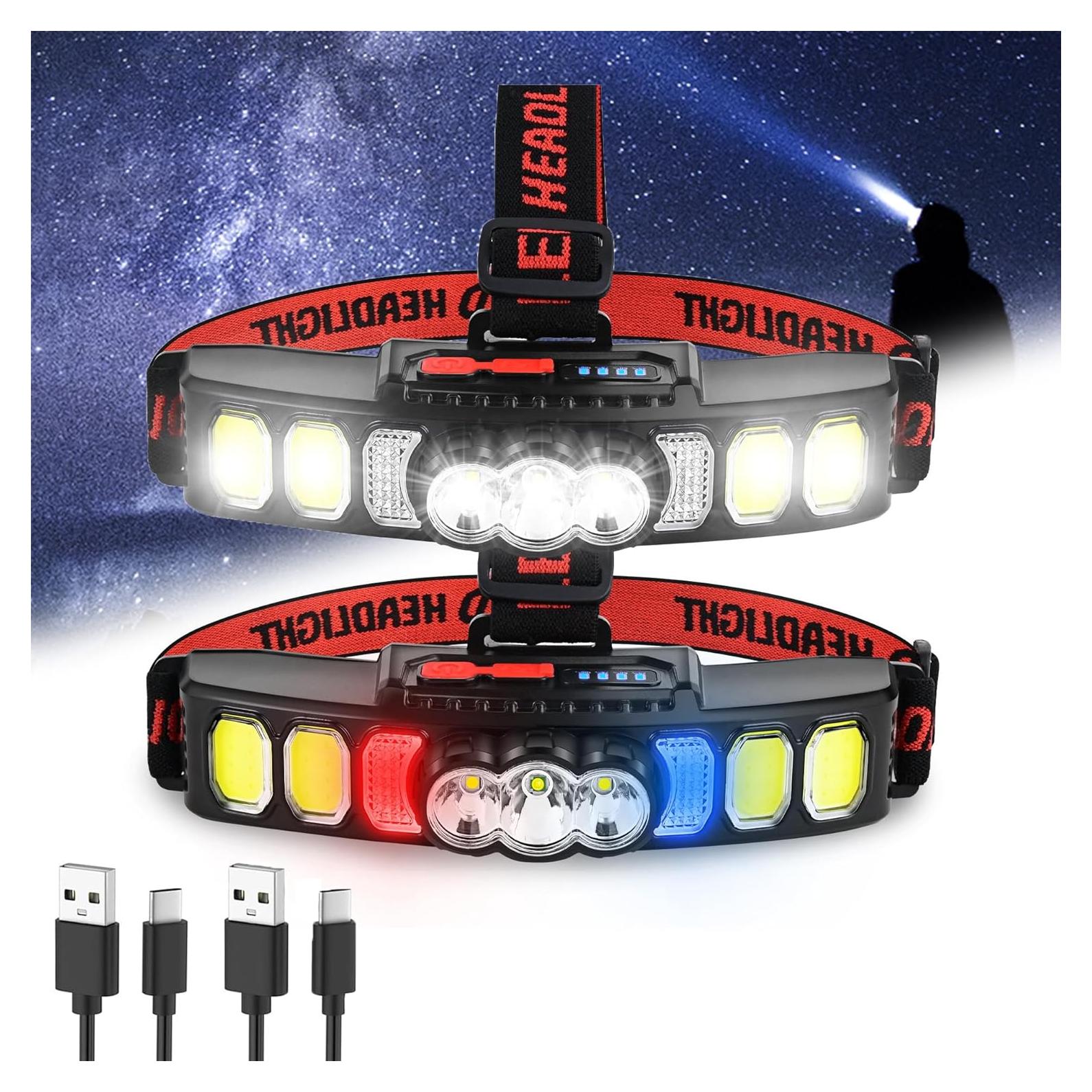 Rechargeable LED Headlight, 1800 Lumens Ultra Bright Adjustable Headband Camping Headlight, 6 Lighting Modes, IPX5 Waterproof, Suitable for Camping, Fishing, Running, and Hiking (2 Pack)