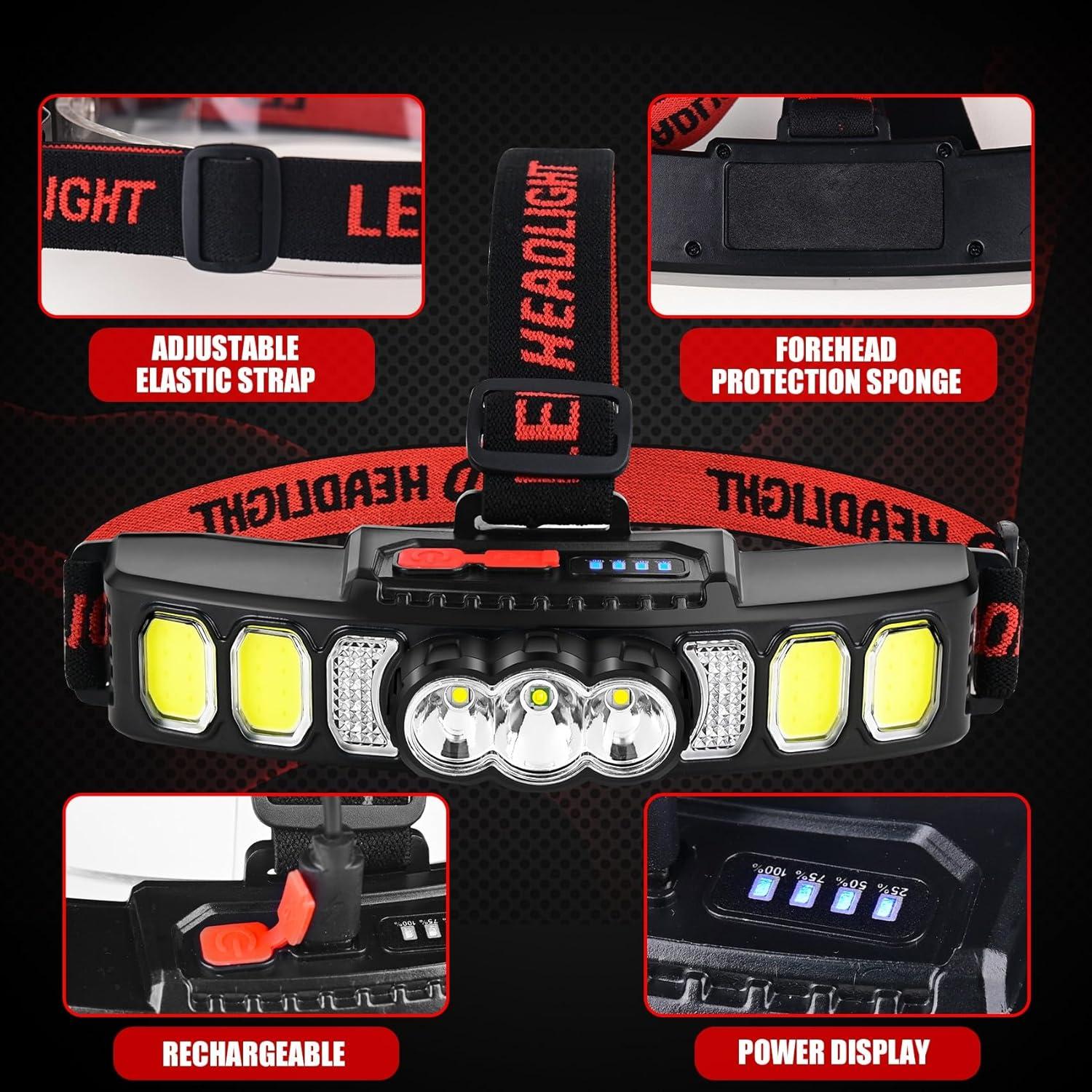 Rechargeable LED Headlight, 1800 Lumens Ultra Bright Adjustable Headband Camping Headlight, 6 Lighting Modes, IPX5 Waterproof, Suitable for Camping, Fishing, Running, and Hiking (2 Pack)