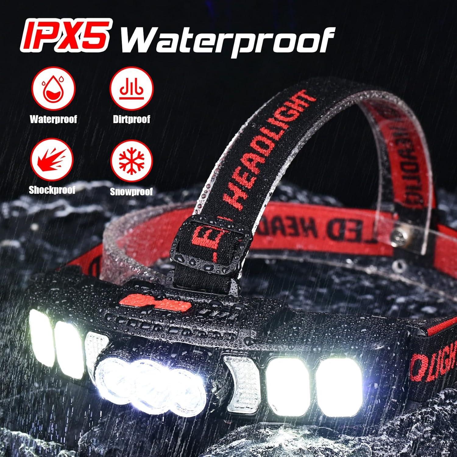 Rechargeable LED Headlight, 1800 Lumens Ultra Bright Adjustable Headband Camping Headlight, 6 Lighting Modes, IPX5 Waterproof, Suitable for Camping, Fishing, Running, and Hiking (2 Pack)