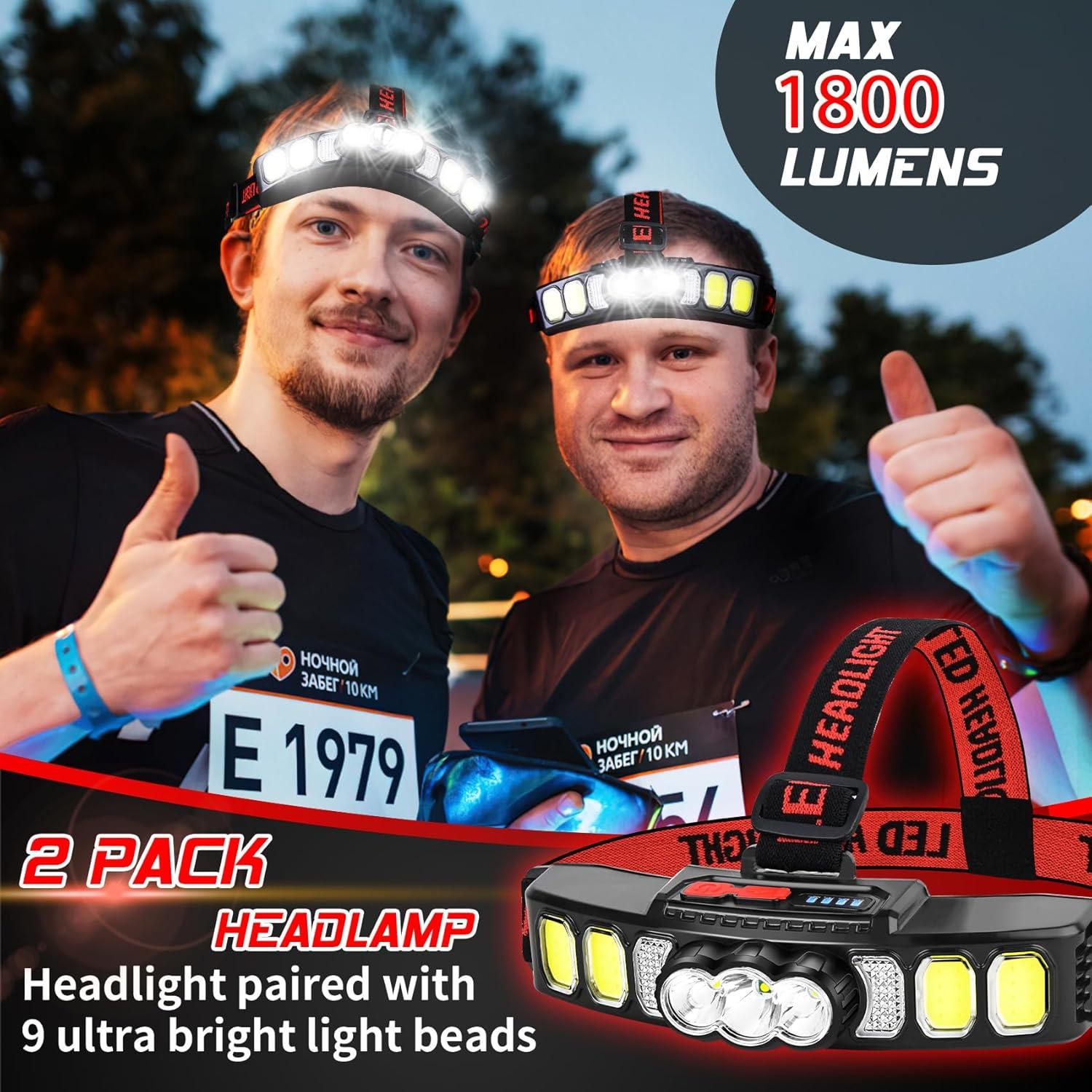 Rechargeable LED Headlight, 1800 Lumens Ultra Bright Adjustable Headband Camping Headlight, 6 Lighting Modes, IPX5 Waterproof, Suitable for Camping, Fishing, Running, and Hiking (2 Pack)