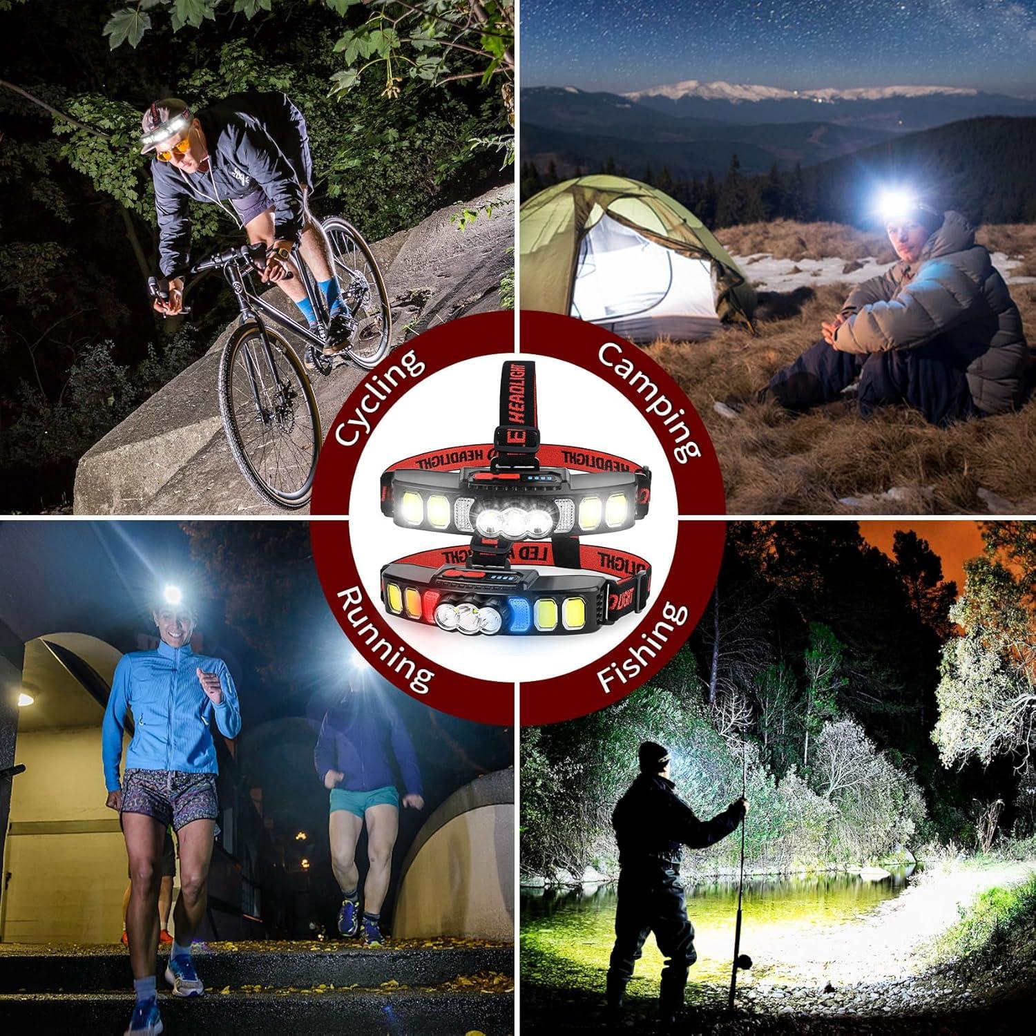 Rechargeable LED Headlight, 1800 Lumens Ultra Bright Adjustable Headband Camping Headlight, 6 Lighting Modes, IPX5 Waterproof, Suitable for Camping, Fishing, Running, and Hiking (2 Pack)