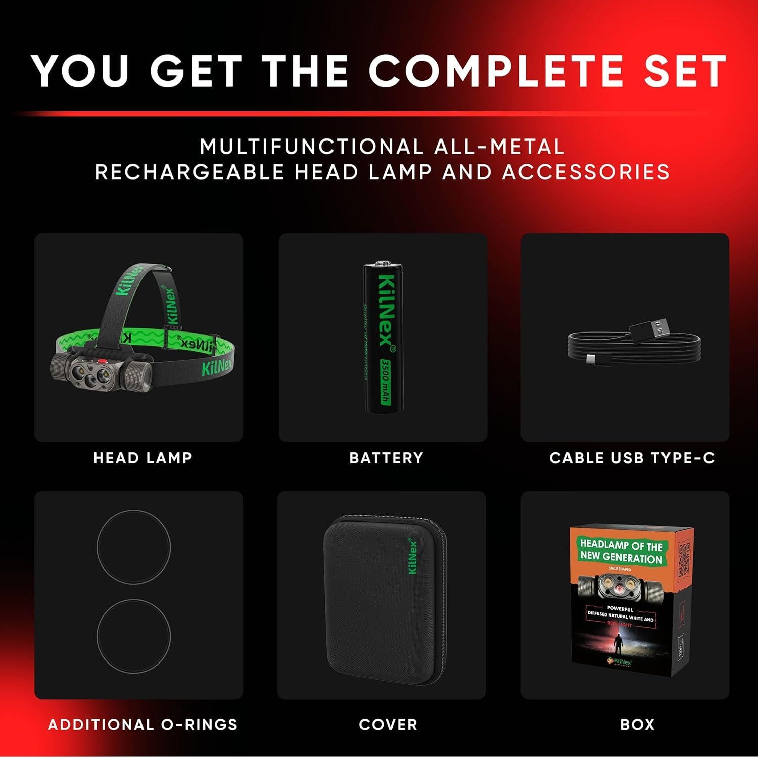 Linterna Frontal LED KILNEX 1100 Lúmenes Recargable IPX8