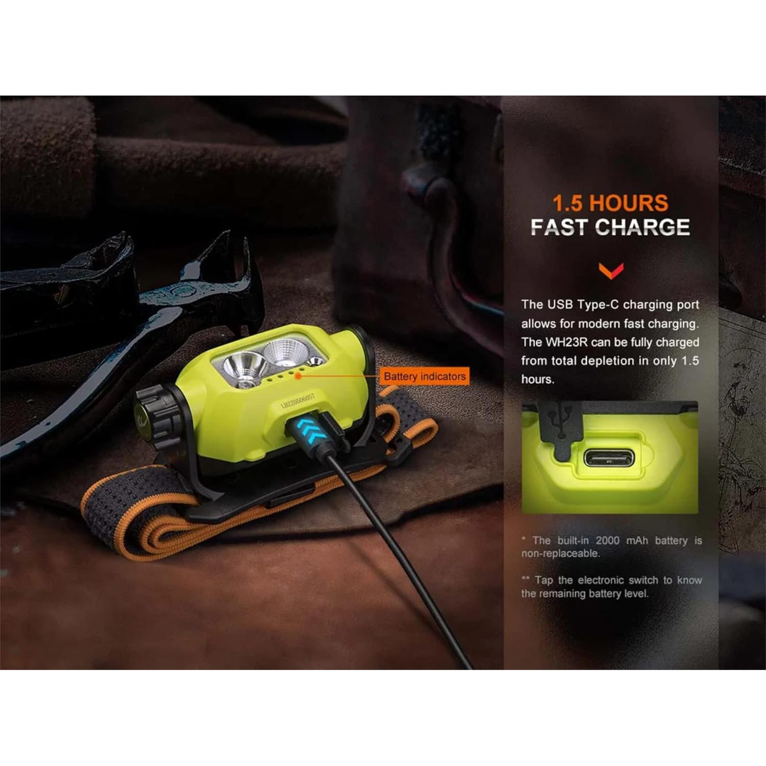 FENIX WH23R Headlamp Rechargeable Headlamp, 600 Lumens LED Headlamp, Dual LED Headlamp, Running Headlamp, IP66 Water Resistance, with a Wall Plug