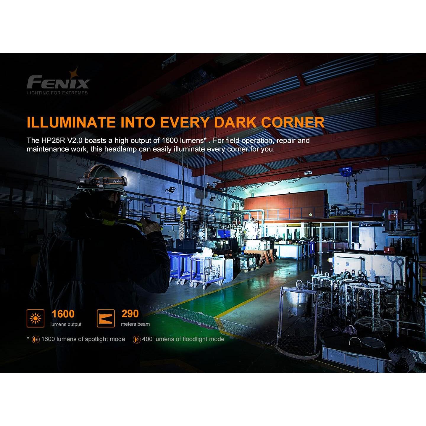 Fenix HP25R V2 1600 Lumen USB-C Rechargeable LED Headlamp, Rechargeable Battery with EBR USB Charging Adapter Bundle