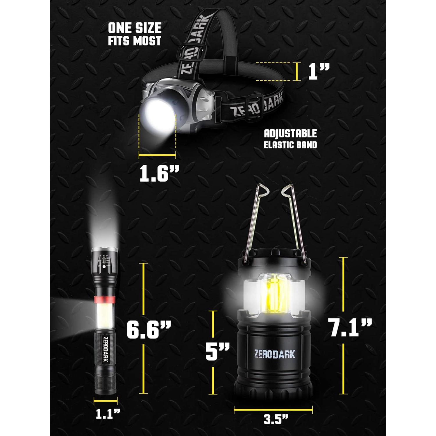 Juego de Linternas LED 3 Piezas ZeroDark - Cabeza y Camping