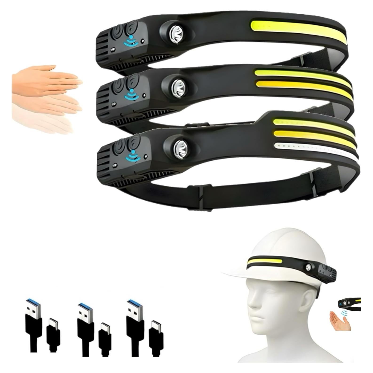 3-Pack Rechargeable LED Headlamps – High-Power USB Headlights COB Floodlight & Motion Sensor – Super Bright, Adjustable Beam, Water-Resistant – Ideal for Camping, Work, Fishing, Biking, Running