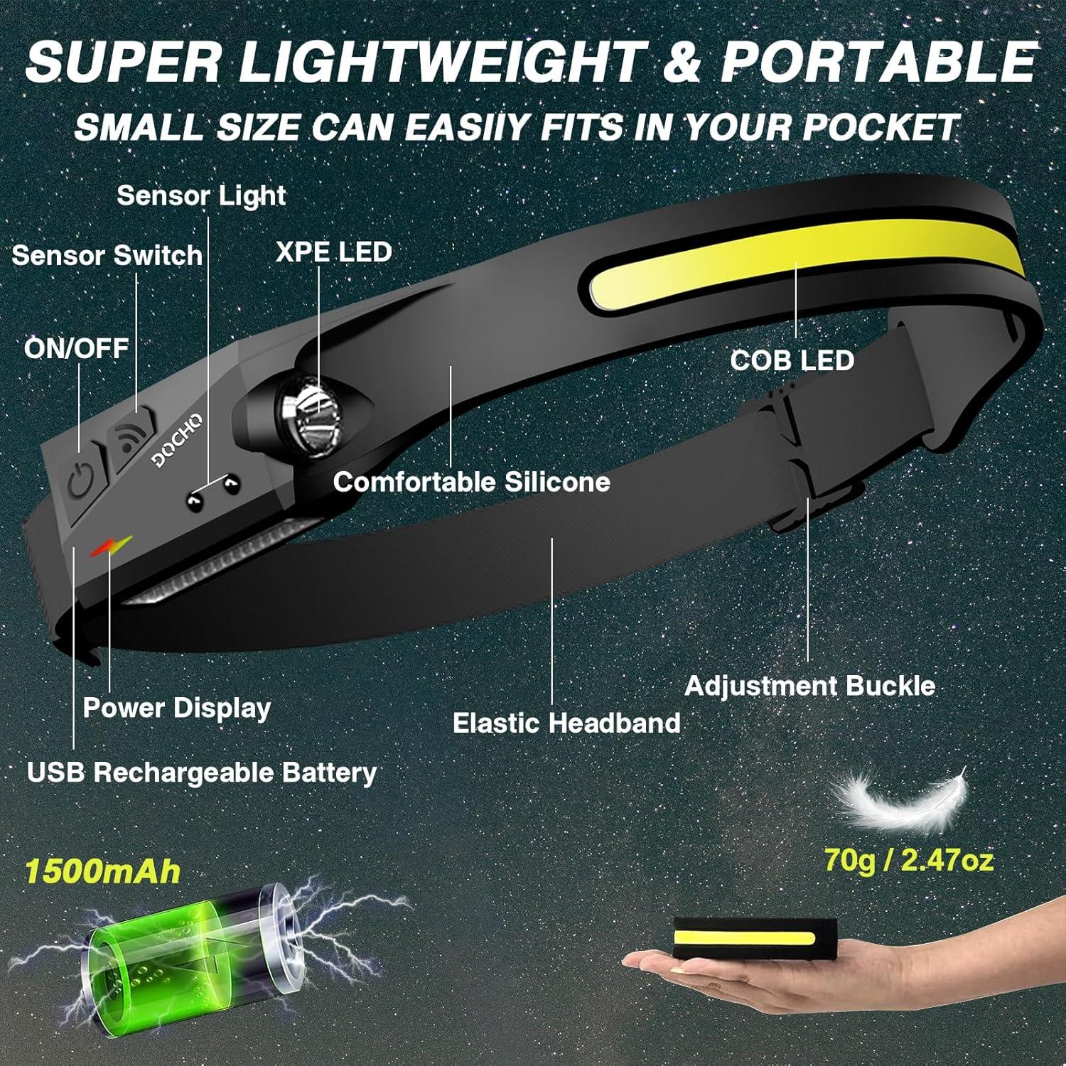 Linterna Frontal Recargable DOCHO 2PCS 230° LED Sensor Movimiento