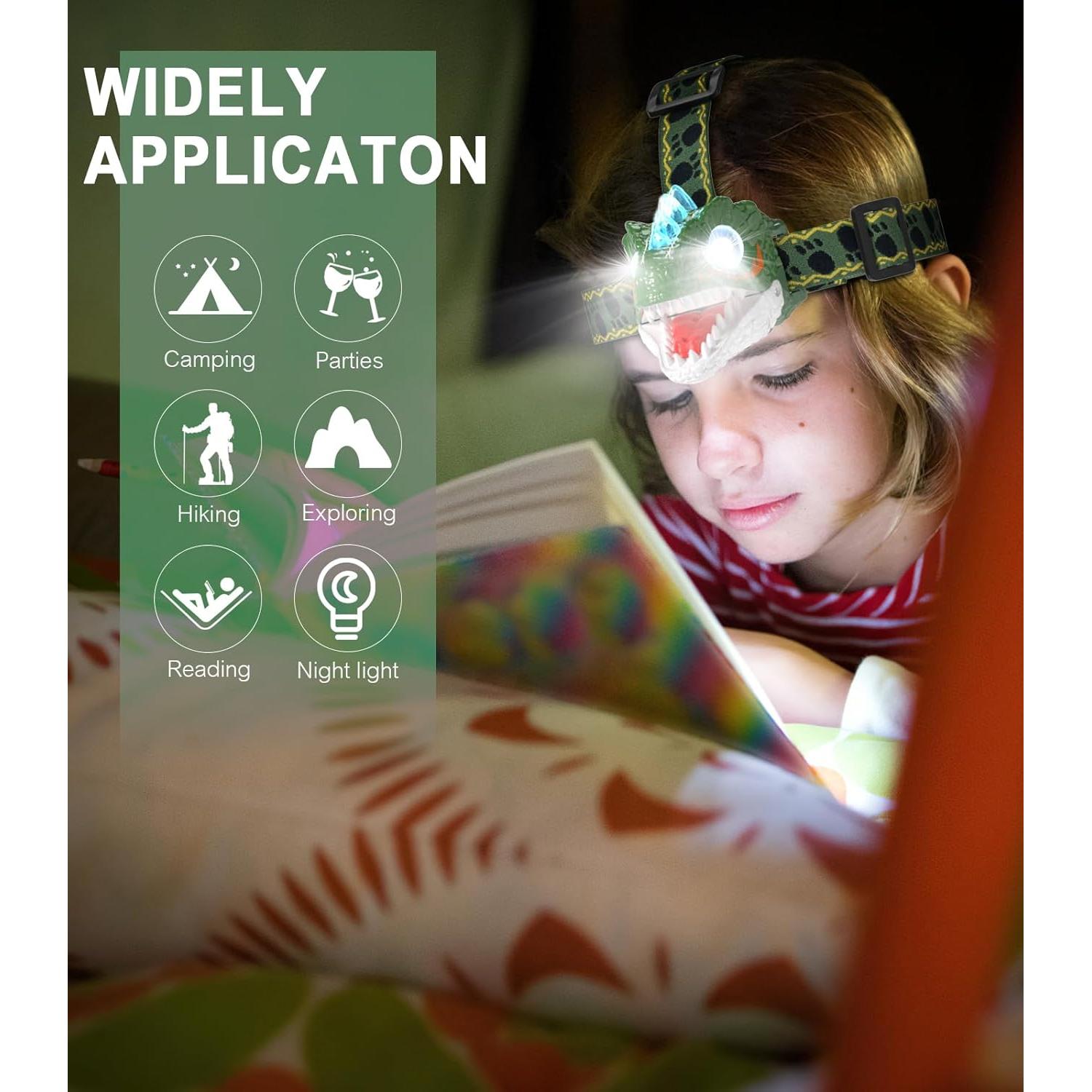 Linterna Frontal LED Dinosaurio Aubllo para Niños 3-12 Años