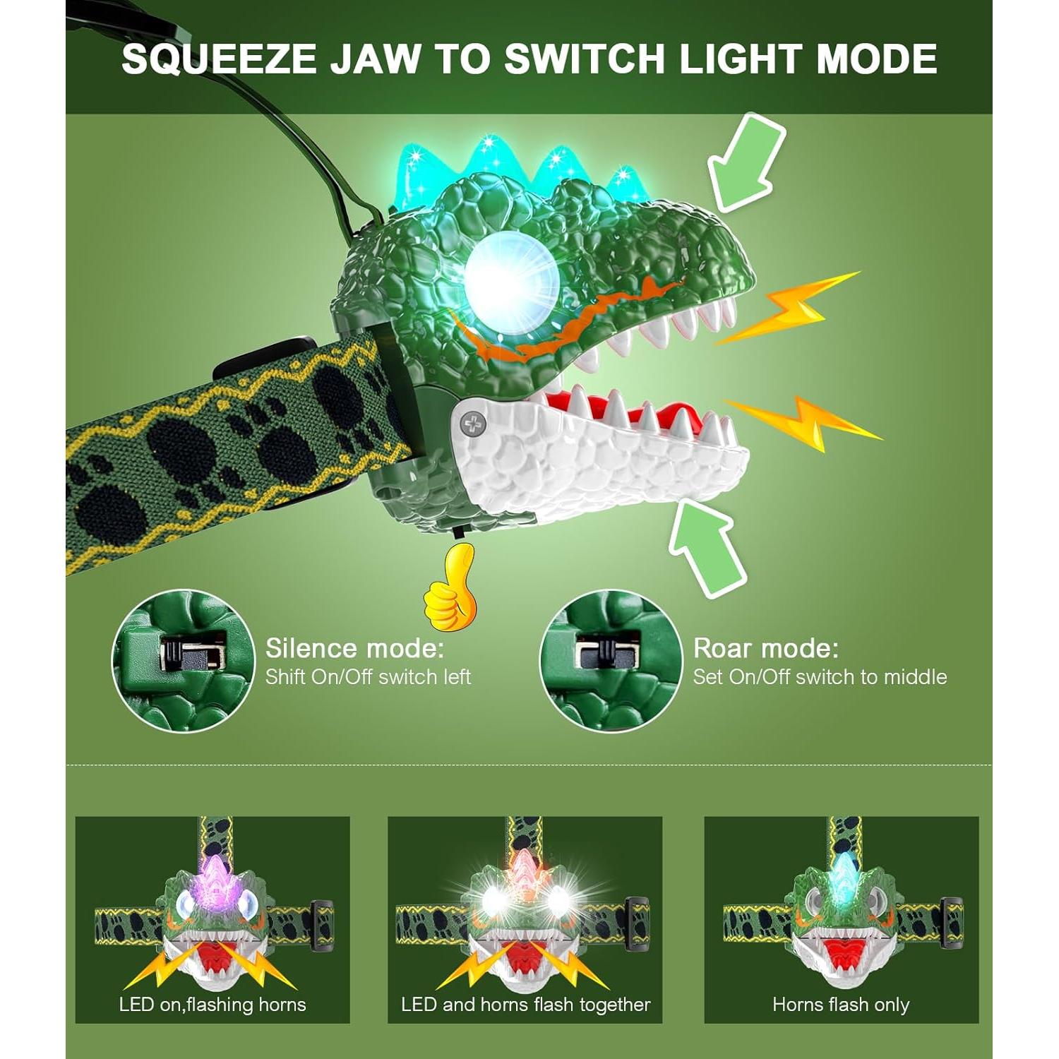 Linterna Frontal LED Dinosaurio Aubllo para Niños 3-12 Años