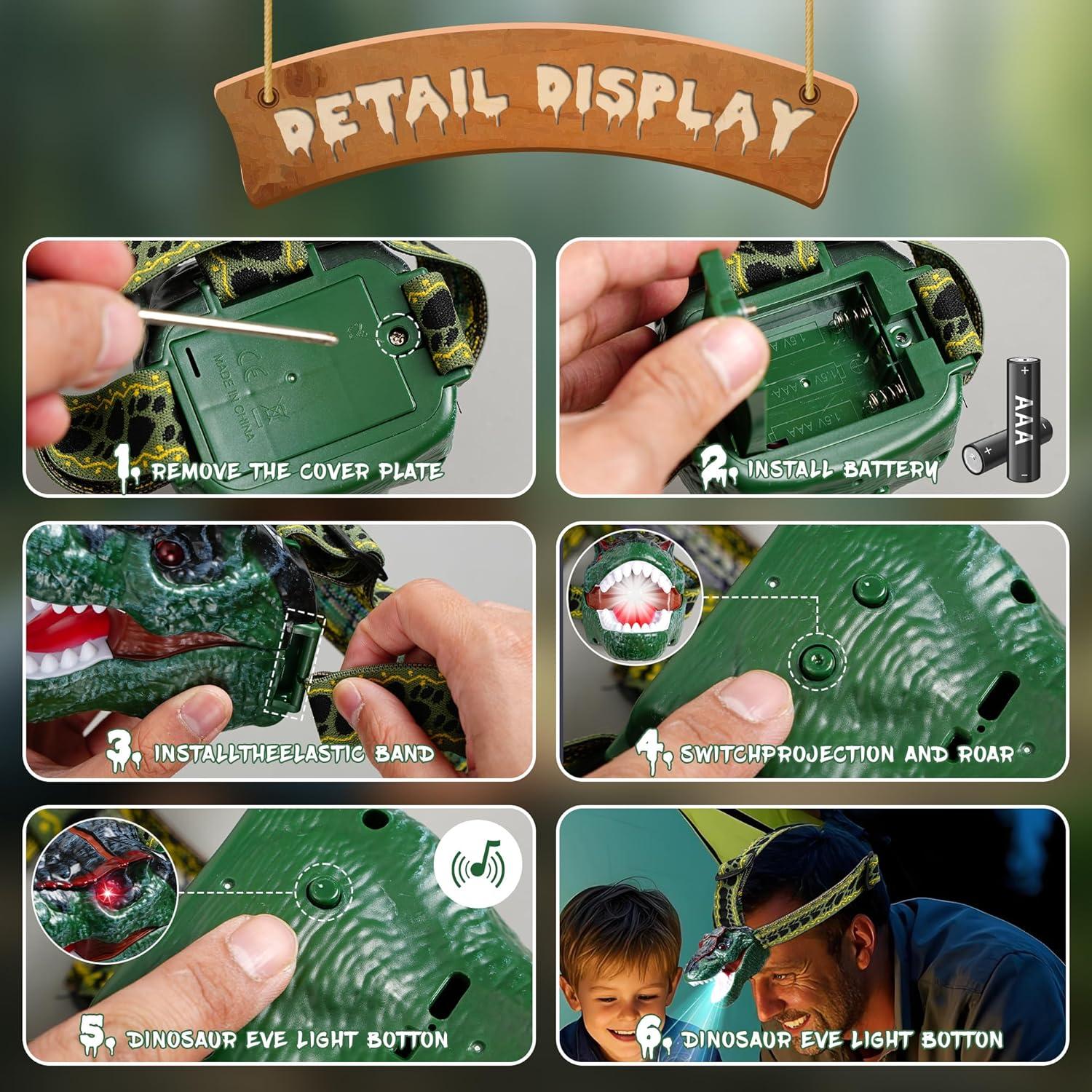 Linterna Frontal LED Dinosaurio T-Rex SANYIYIBA Verde 3-12 Años