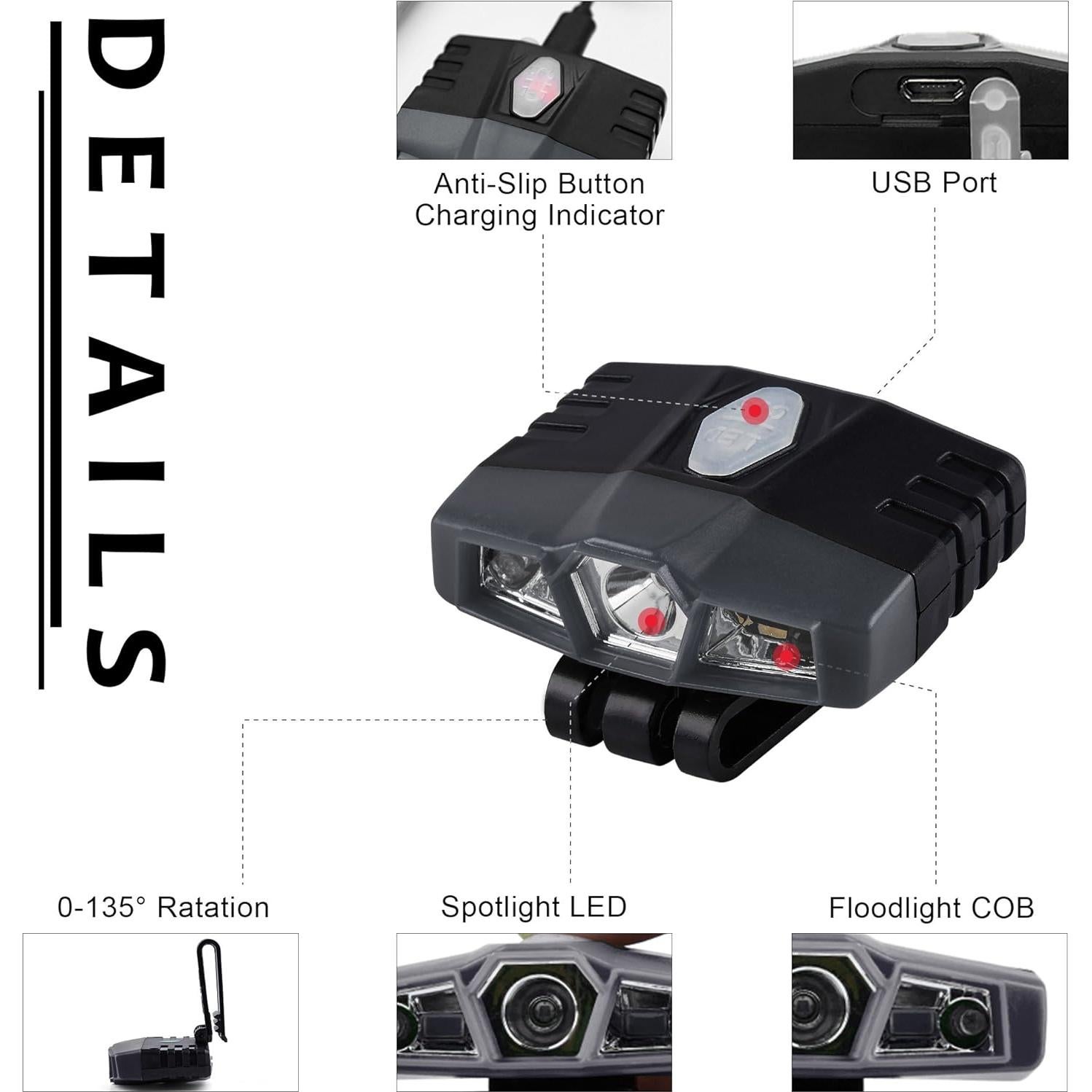 Luz de Clip Recargable LED CREE Gris IPX5 30h Uso Manos Libres