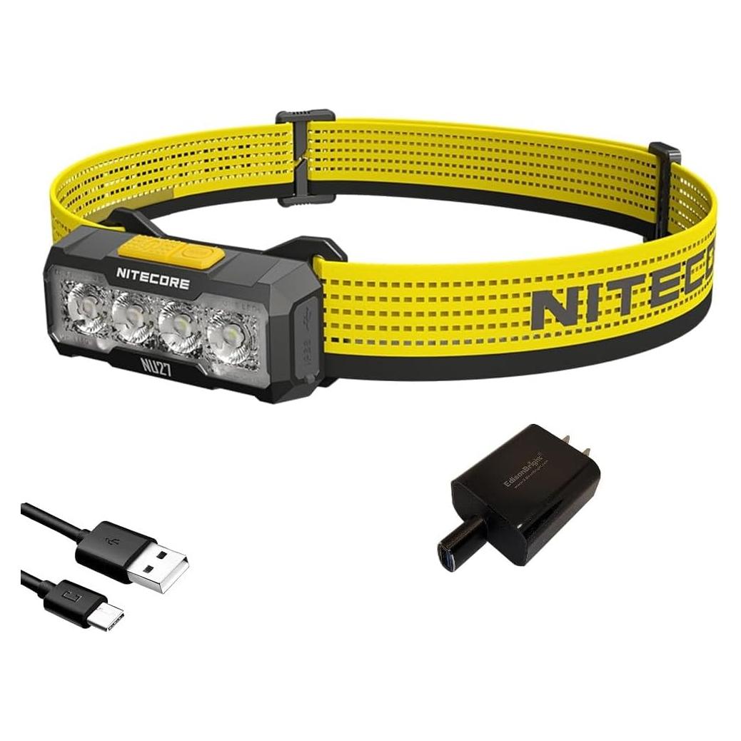 Nitecore NU27 600 Lumens USB-C Rechargeable Jogging Camping Headlamp with Warm, Neutral,Cool White and Red Light Bundle with EBR Power Adapter
