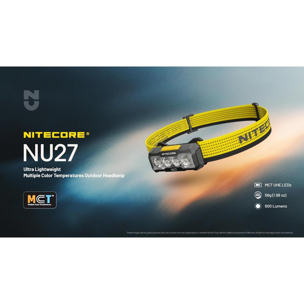 Nitecore NU27 600 Lumens USB-C Rechargeable Jogging Camping Headlamp with Warm, Neutral,Cool White and Red Light Bundle with EBR Power Adapter