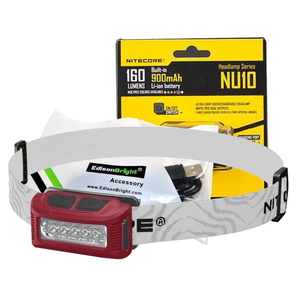 Nitecore NU10 160 Lumen USB rechargeable LED headlamp/worklight and EdisonBright brand USB charging cable bundle (Red)