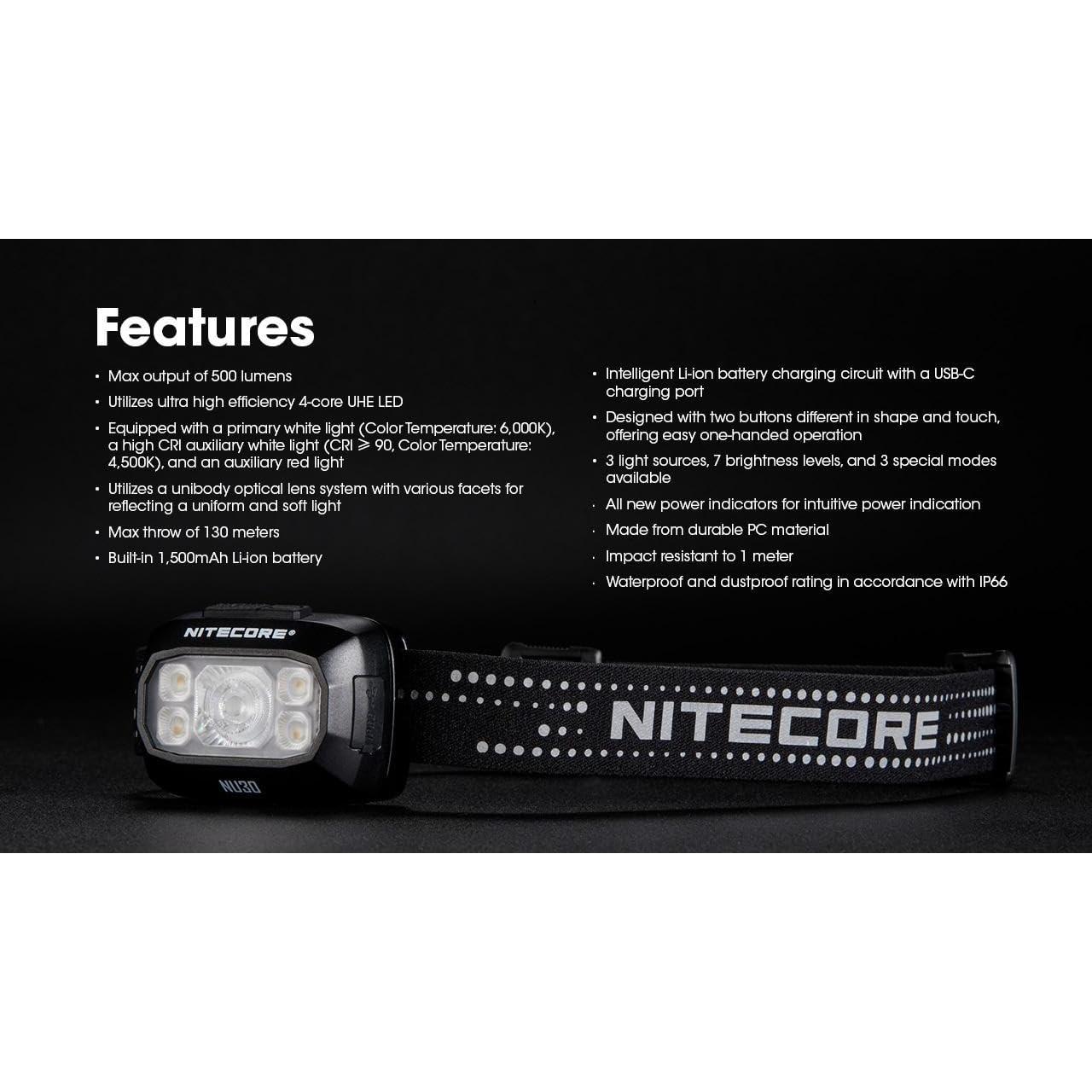 Linterna Frontal Nitecore NU30 500 Lúmenes USB-C 90g