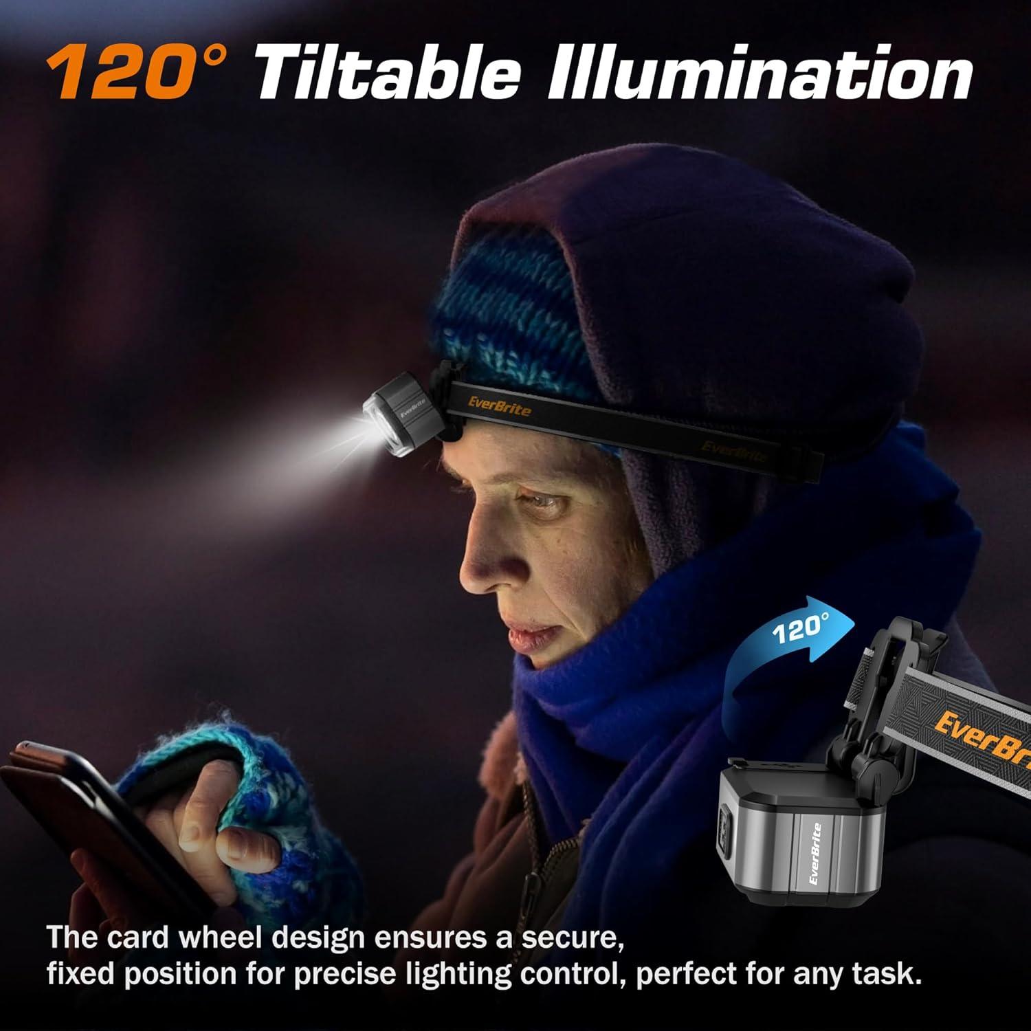 Linterna Frontal LED Recargable EverBrite Gris, IP67, 7 Modos