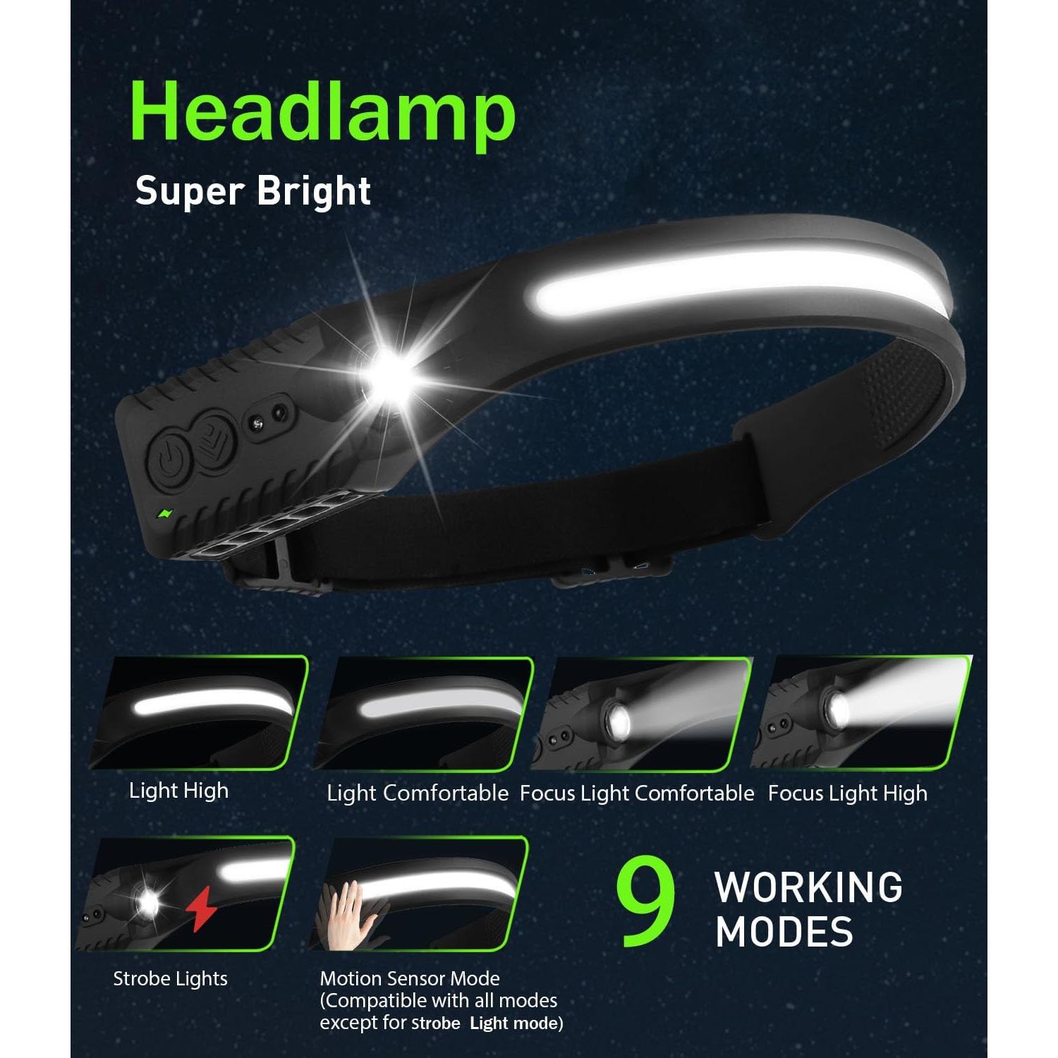 Linterna Frontal Recargable Arsatbs 9 Modos Luz LED 1200mAh