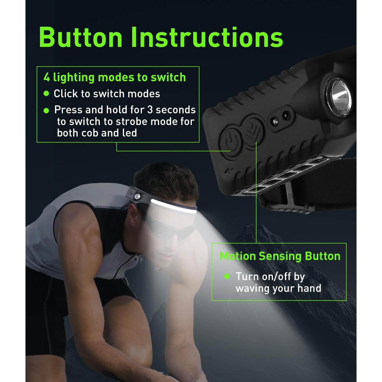 Linterna Frontal Recargable Arsatbs 9 Modos Luz LED 1200mAh