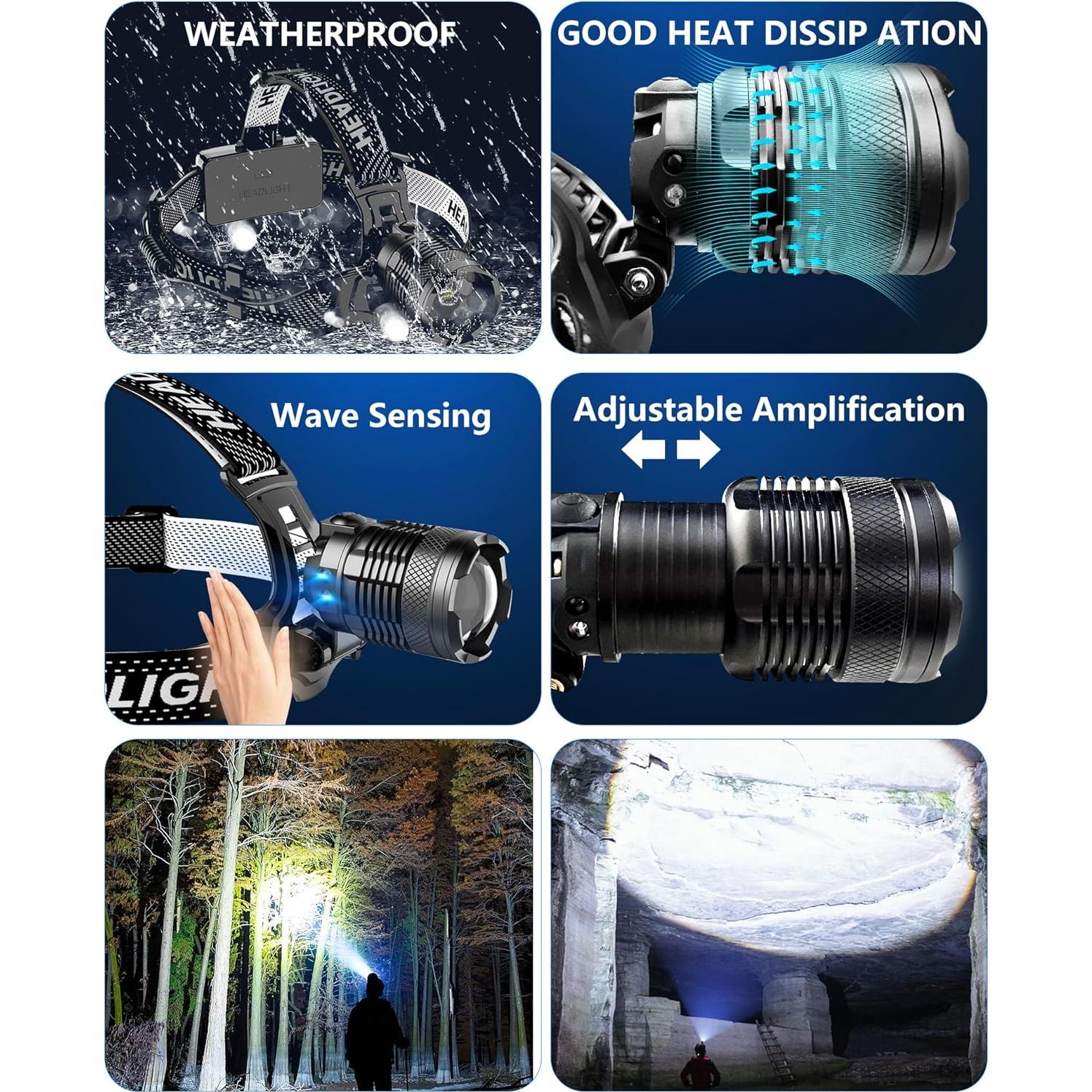 Linterna Frontal Recargable PRUBOVI 100000LM 3 Modos USB