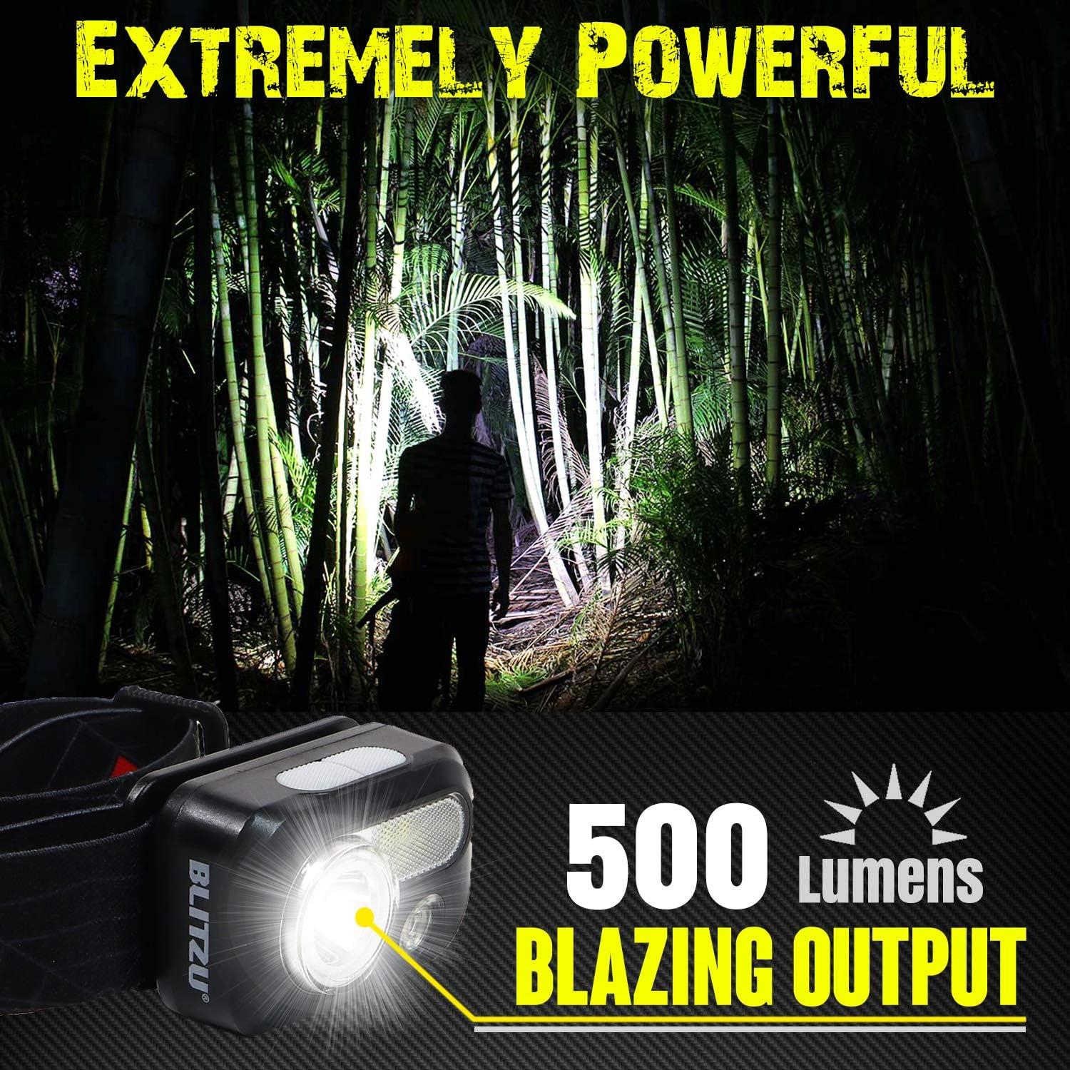 BLITZU LED Headlamp Flashlight for Adults & Kids, Rechargeable, Waterproof Head Lamp with White & Red Light, Comfortable Headband, Perfect for Running, Camping, Hiking, Emergency Repair, Black