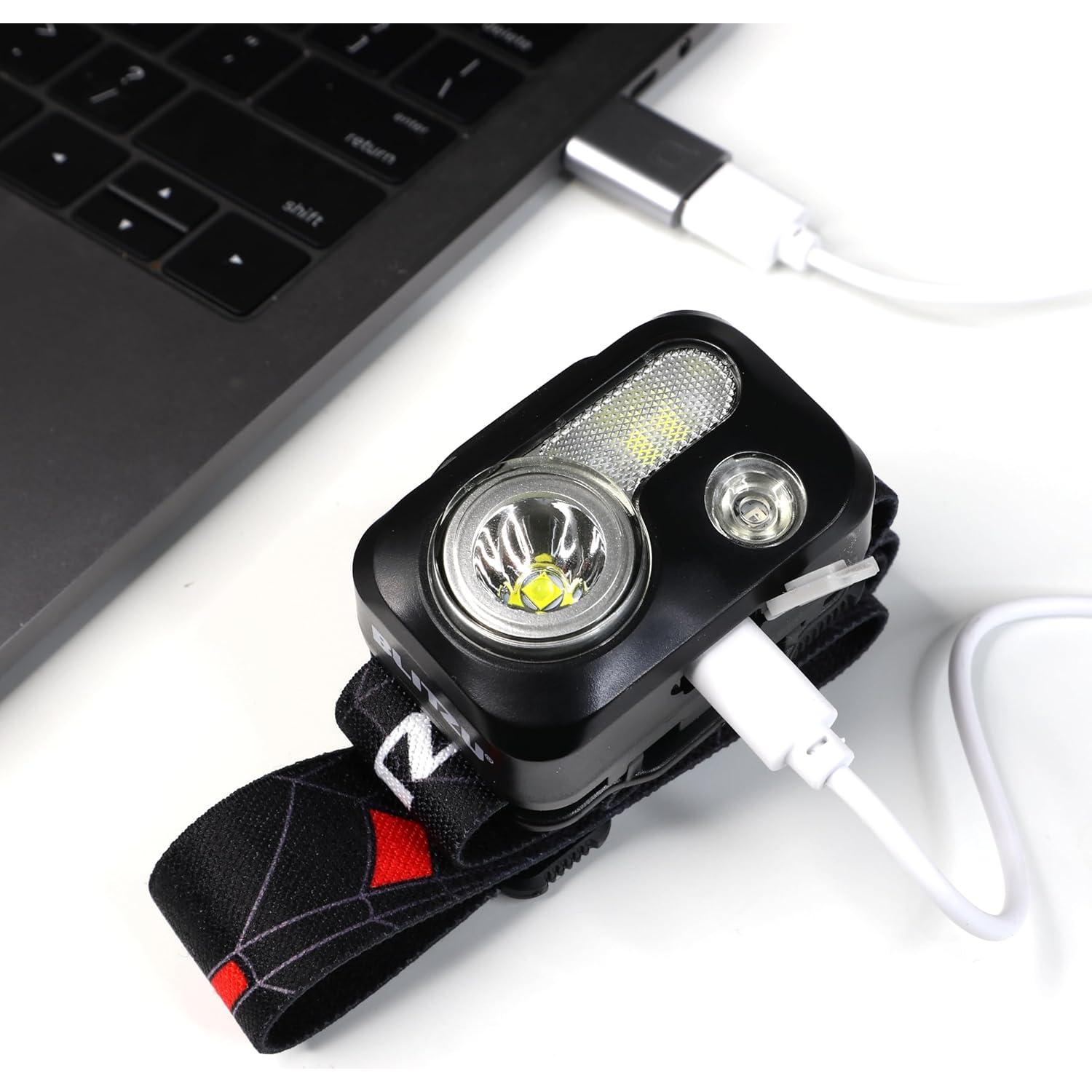 BLITZU LED Headlamp Flashlight for Adults & Kids, Rechargeable, Waterproof Head Lamp with White & Red Light, Comfortable Headband, Perfect for Running, Camping, Hiking, Emergency Repair, Black