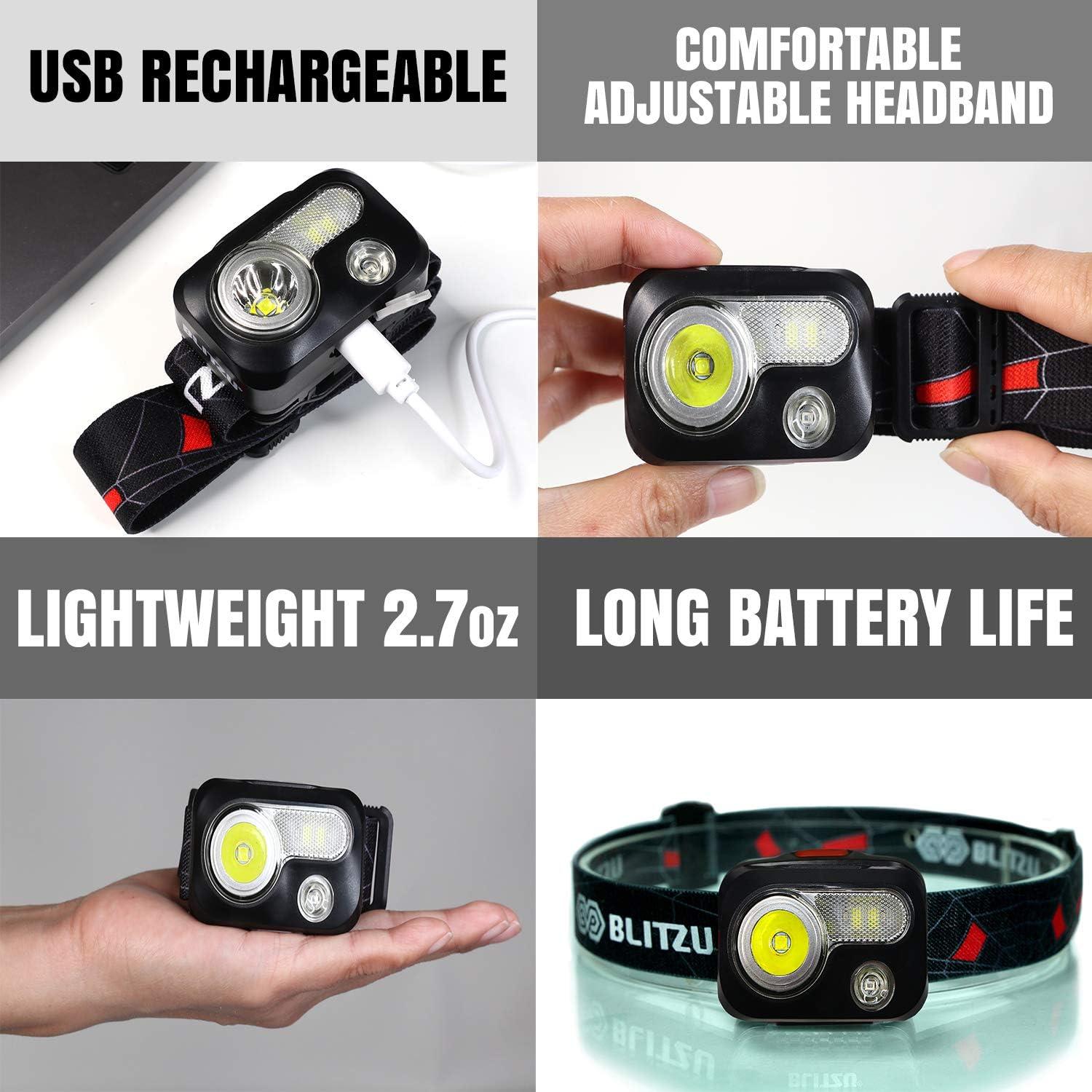 BLITZU LED Headlamp Flashlight for Adults & Kids, Rechargeable, Waterproof Head Lamp with White & Red Light, Comfortable Headband, Perfect for Running, Camping, Hiking, Emergency Repair, Black