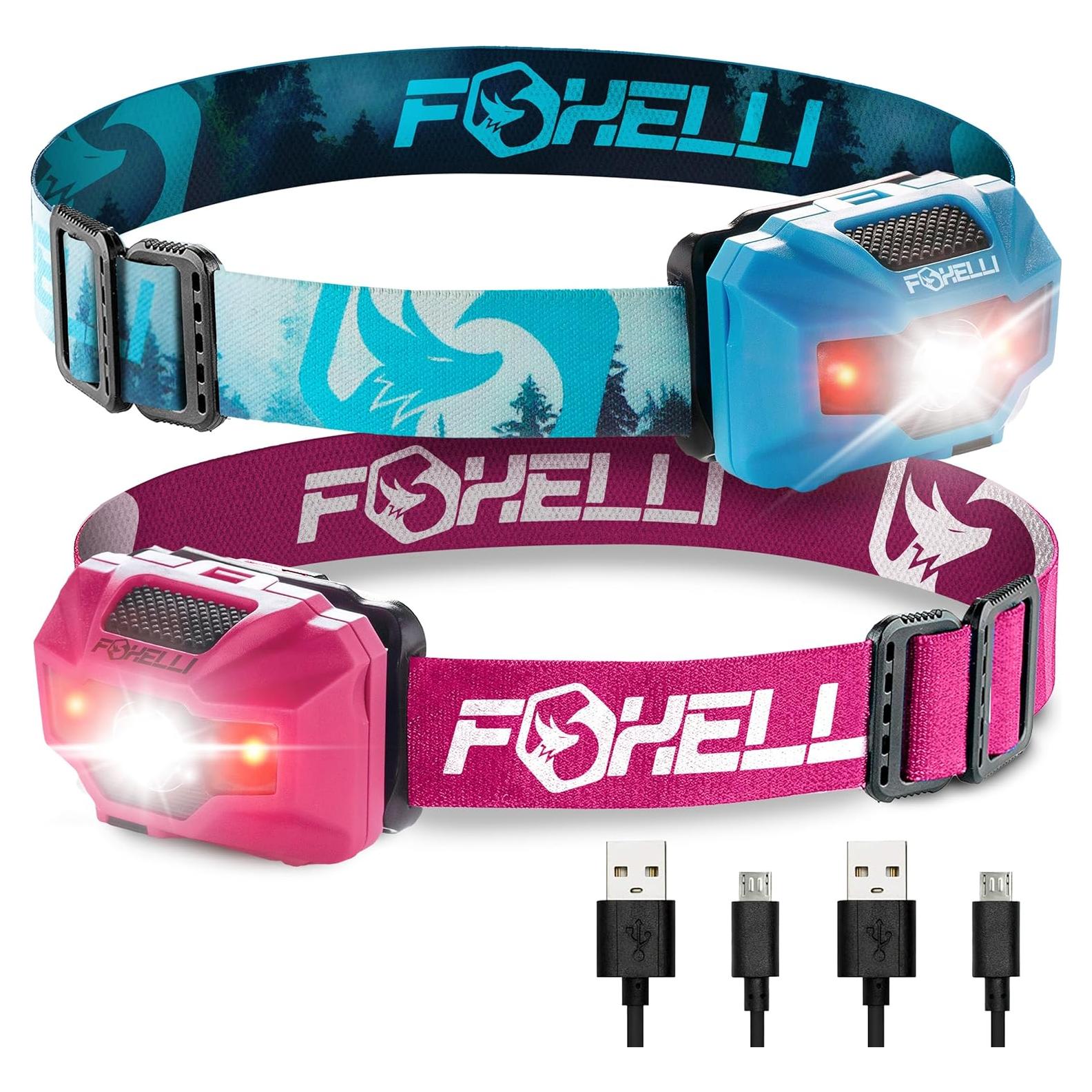 Paquete de 2 Linternas Frontales LED Foxelli - Impermeables y Recargables