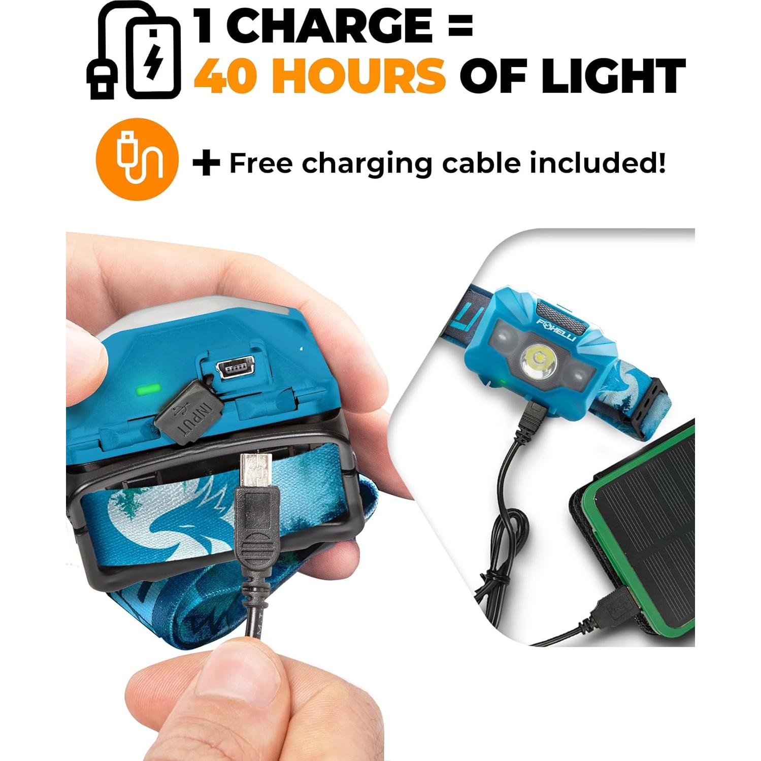 Paquete de 2 Linternas Frontales LED Foxelli - Impermeables y Recargables