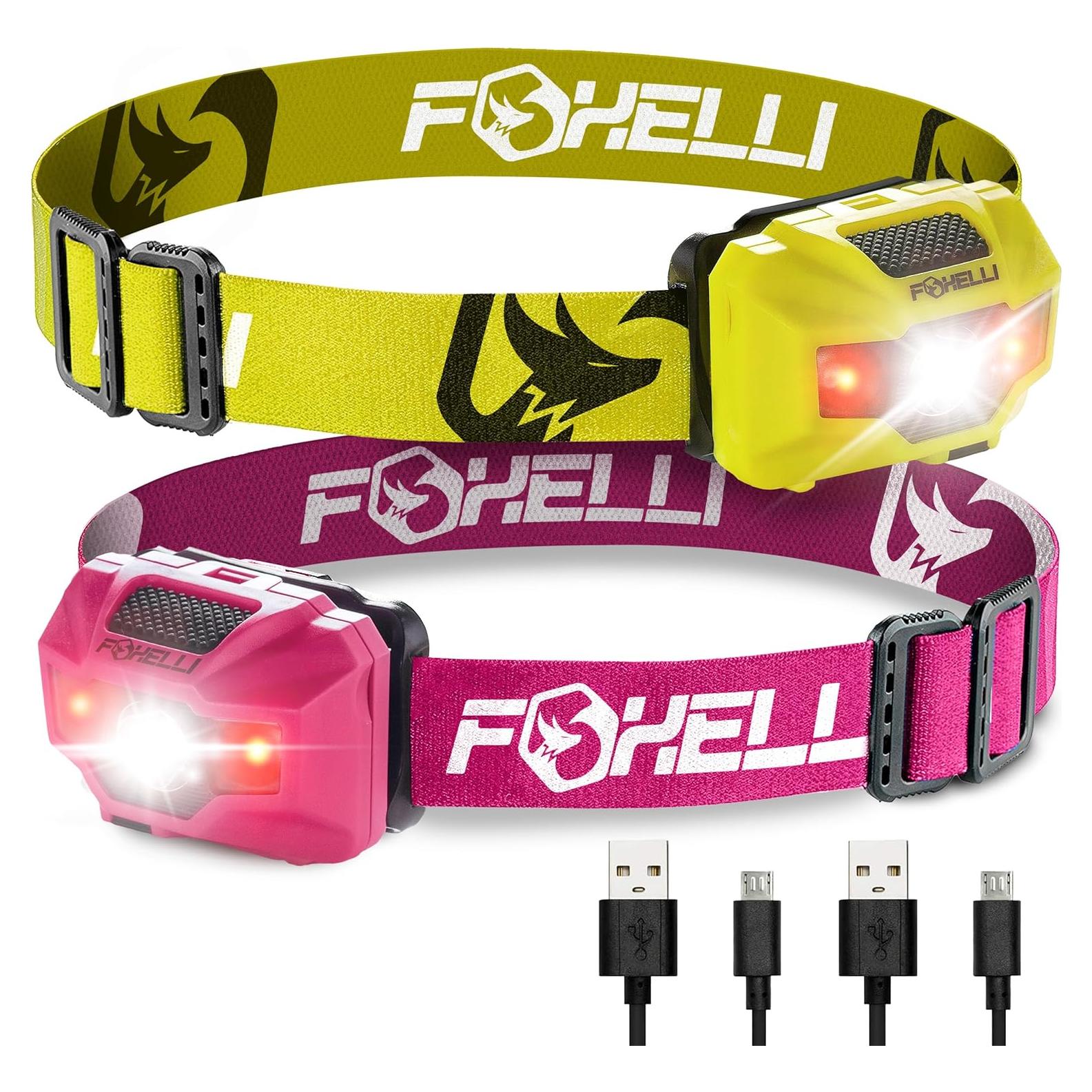 Paquete de 2 Linternas Frontales LED Foxelli Recargables - Amarillo y Rosa