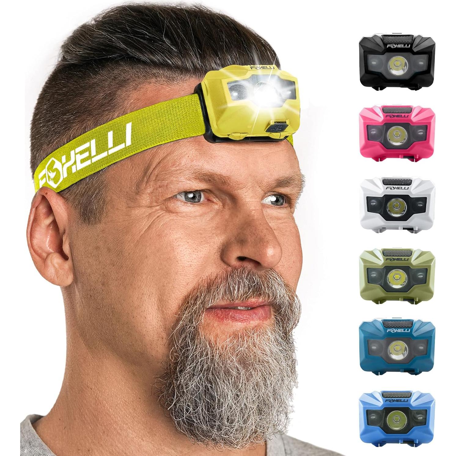 Paquete de 2 Linternas Frontales LED Foxelli Recargables - Amarillo y Rosa