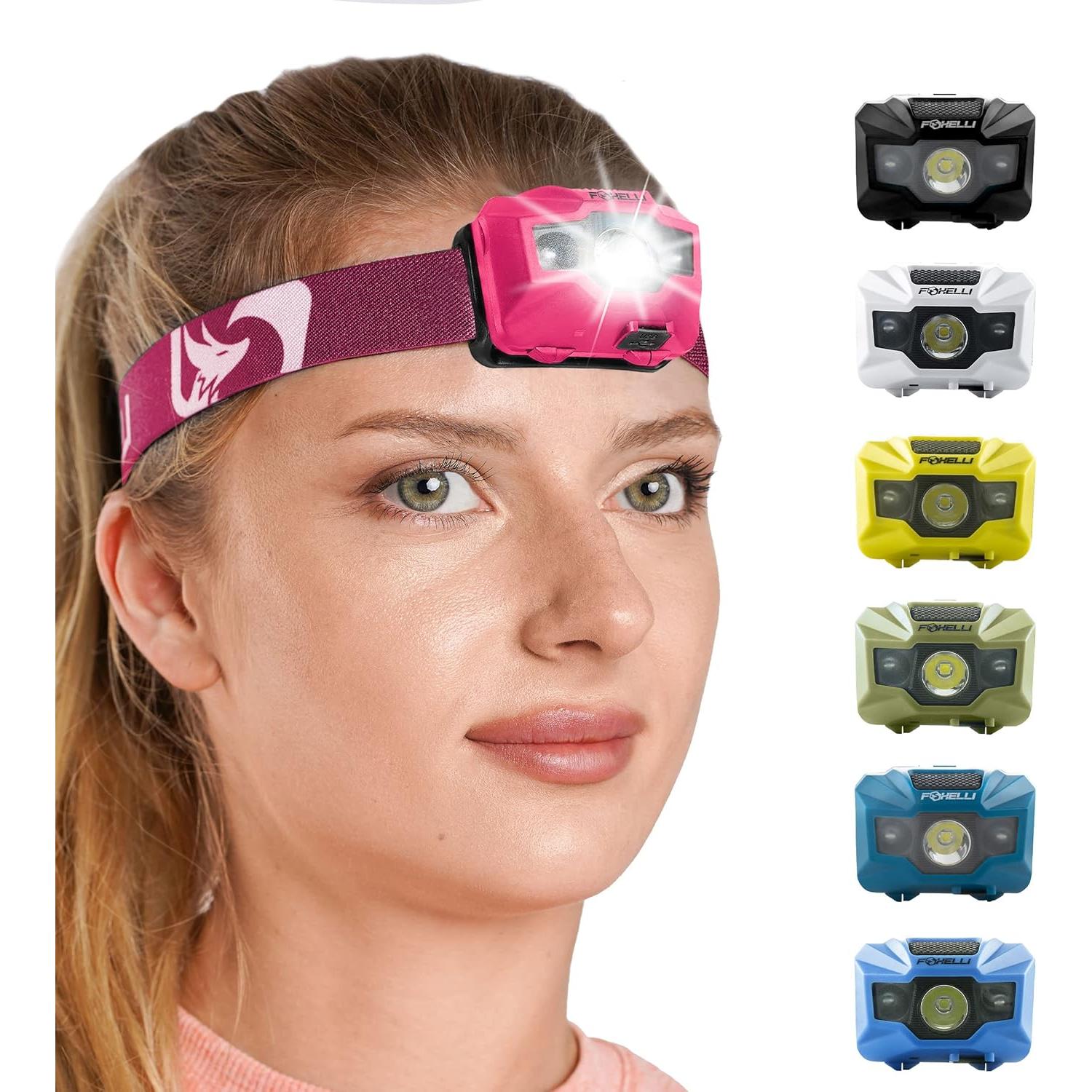 Paquete de 2 Linternas Frontales LED Foxelli Recargables - Amarillo y Rosa