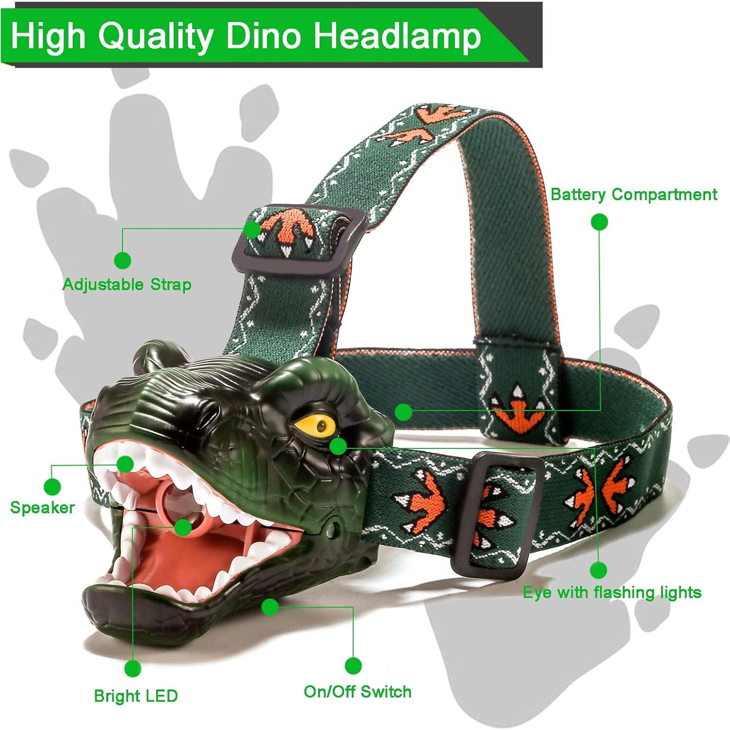 Linterna Frontal LED Dinosaurio T-Rex Lelefa Verde 4 Modos