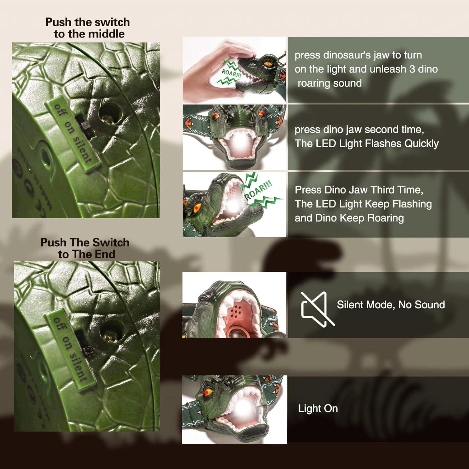 Linterna Frontal LED Dinosaurio T-Rex Lelefa Verde 4 Modos