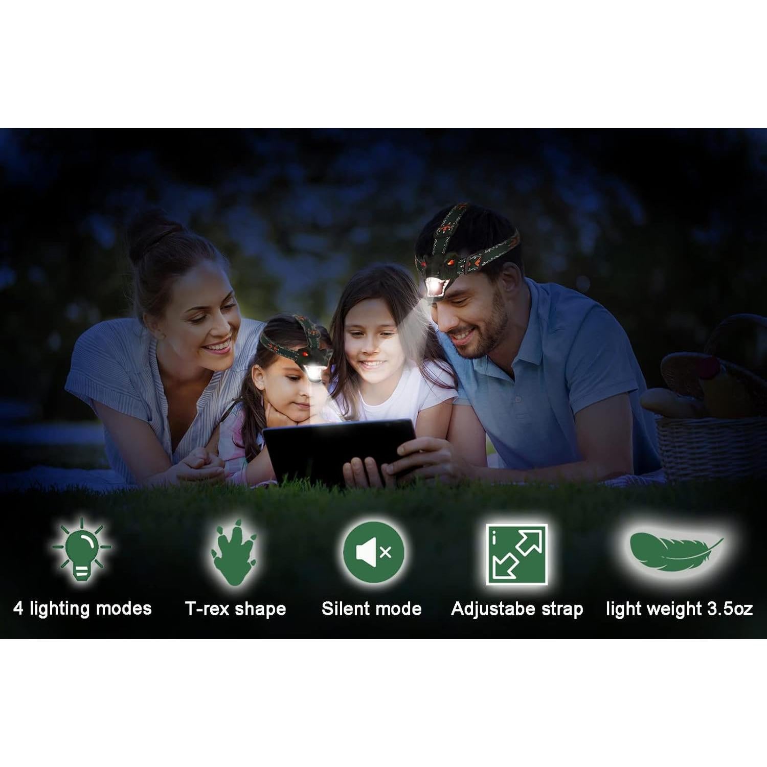 Linterna Frontal LED Dinosaurio T-Rex Lelefa Verde 4 Modos