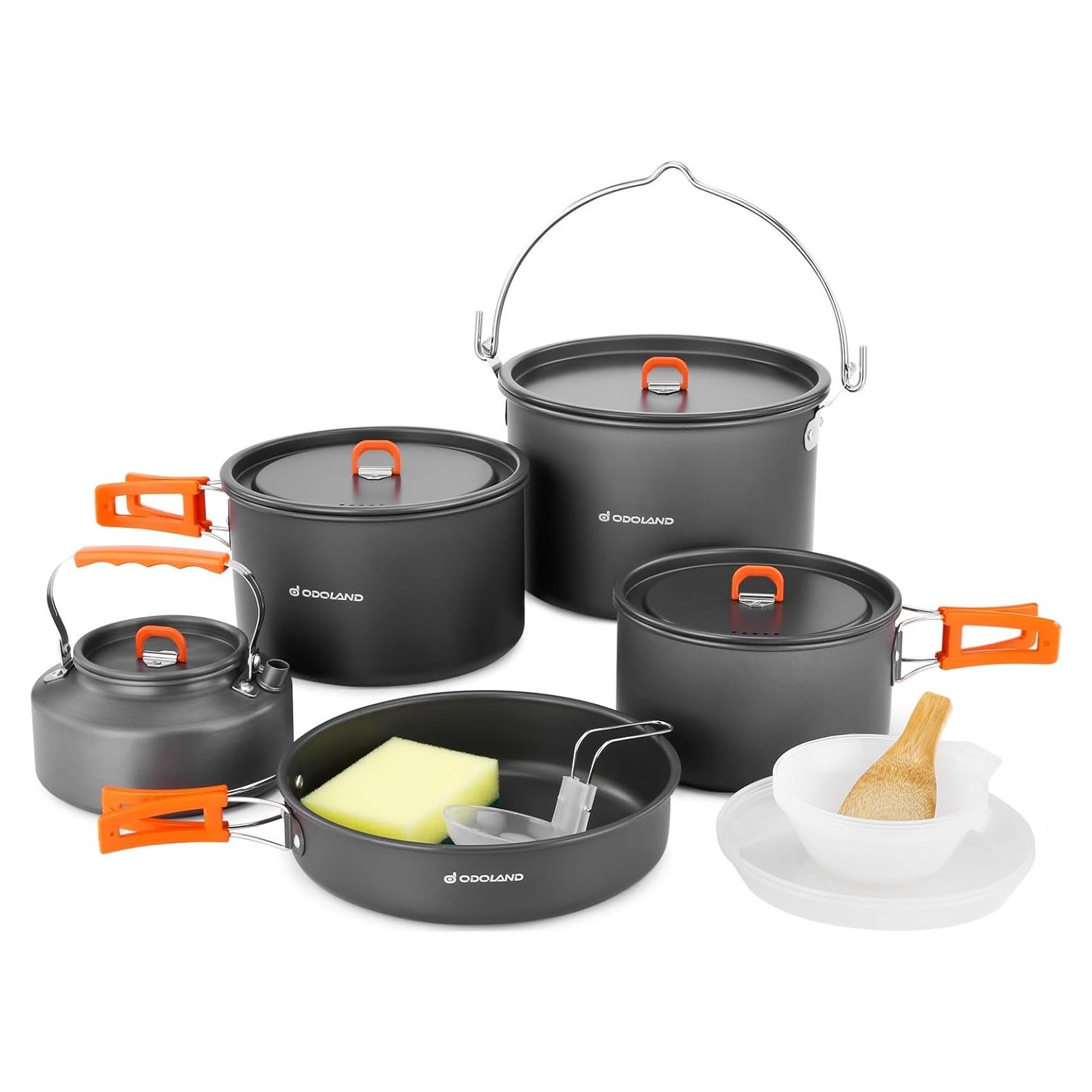 Odoland 18pcs Camping Cookware Large Size Hanging Pot Pan Kettle Set with Plastic Plates Bowls Soup Spoon for Camping, Backpacking, Outdoor Cooking and Picnic