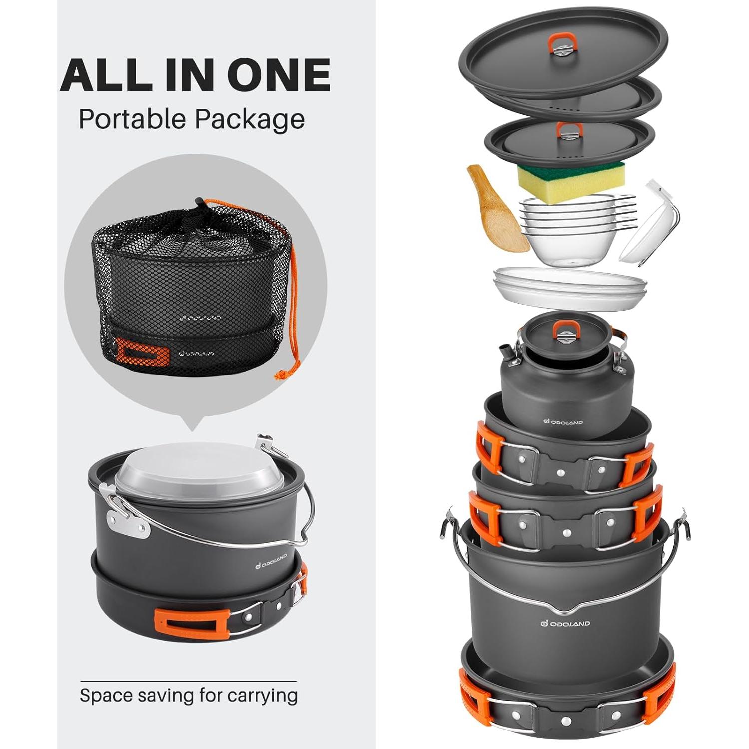 Odoland 18pcs Camping Cookware Large Size Hanging Pot Pan Kettle Set with Plastic Plates Bowls Soup Spoon for Camping, Backpacking, Outdoor Cooking and Picnic